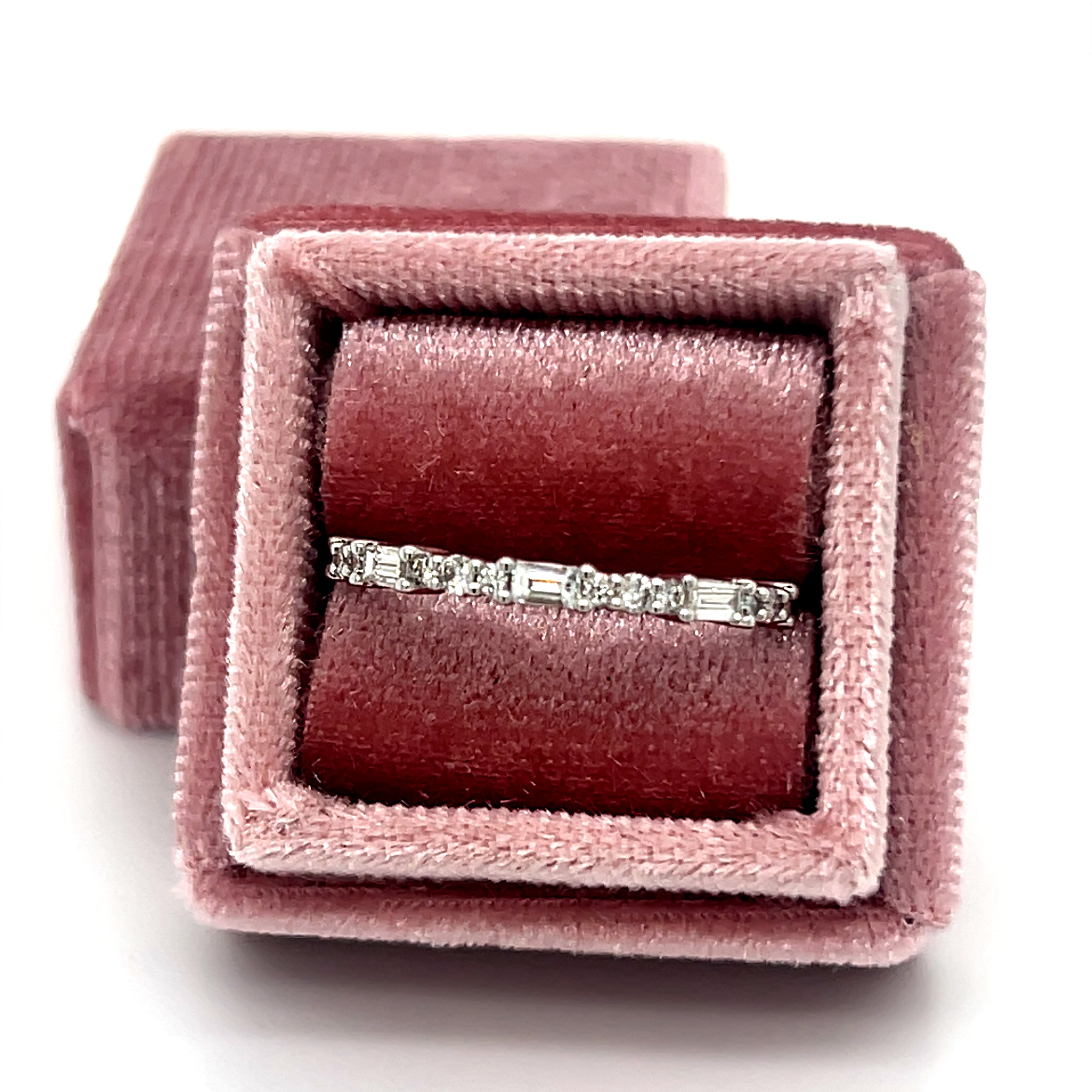 14K White Gold .16 Carat total Weight (3) Baguette and .17 Carat Total Weight (12) Round Diamond Wedding Anniversary Stackable Band Ring Set