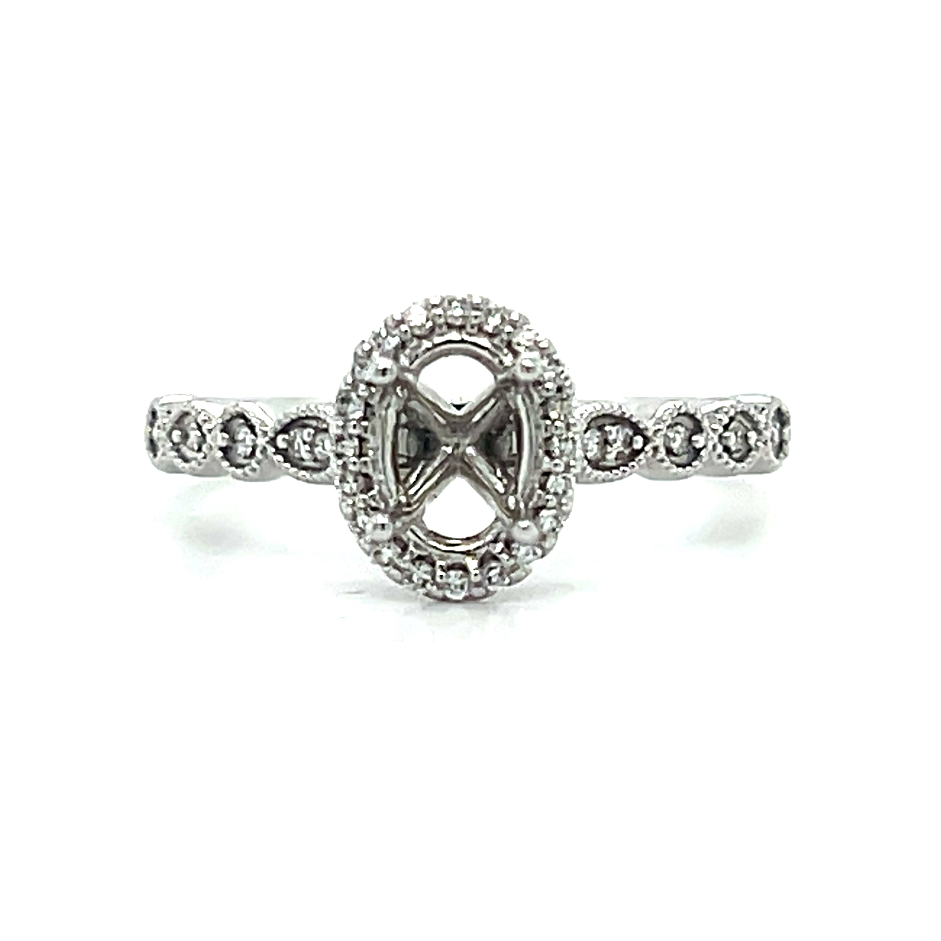 14K White Gold 1/6 Carat Total Weight Diamond 7x5 Oval Semi Mount Bridal Engagement Ring