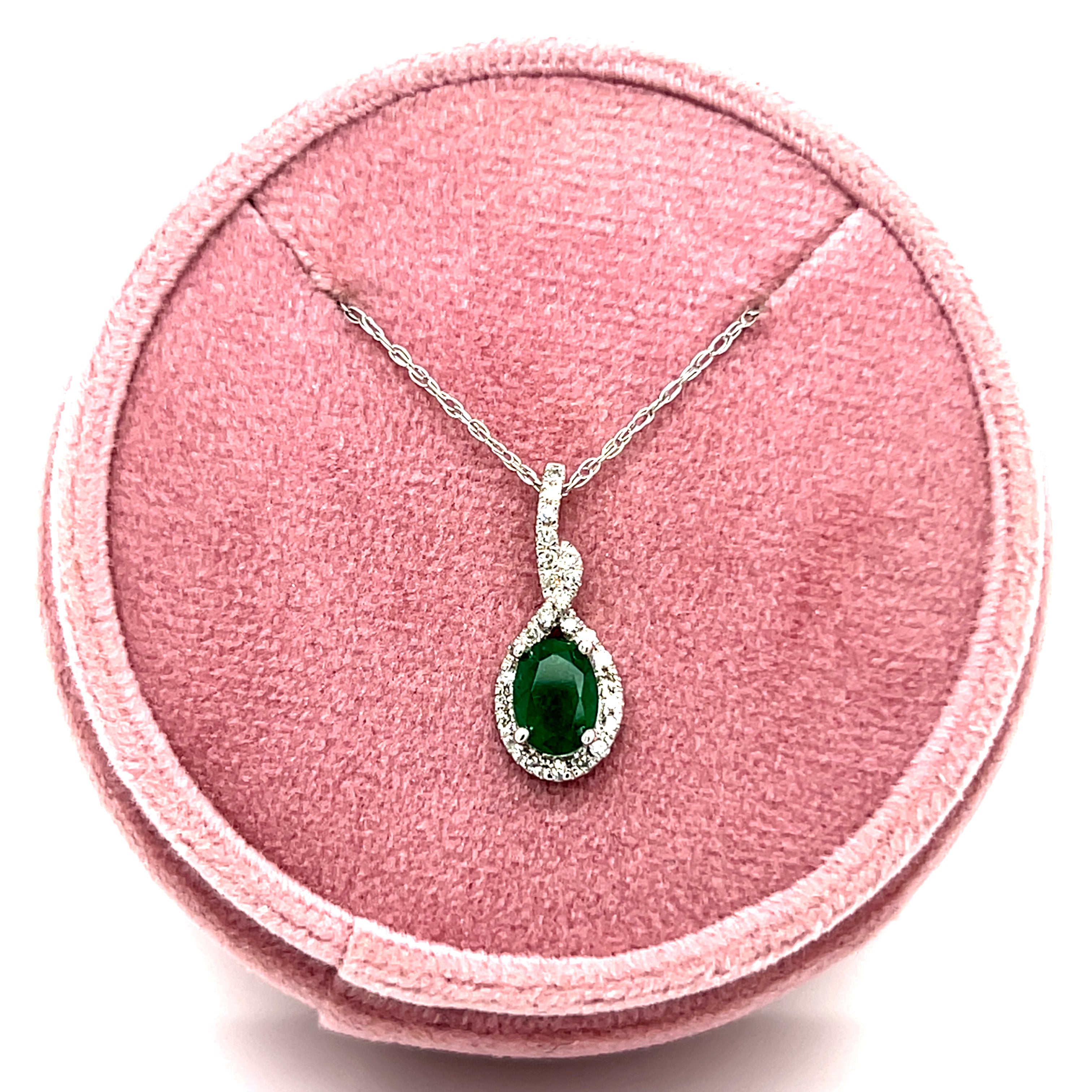 14K White Gold .24 Carat Total Weight Diamond and .80CT Emerald Pendant Necklace on 18" Chain