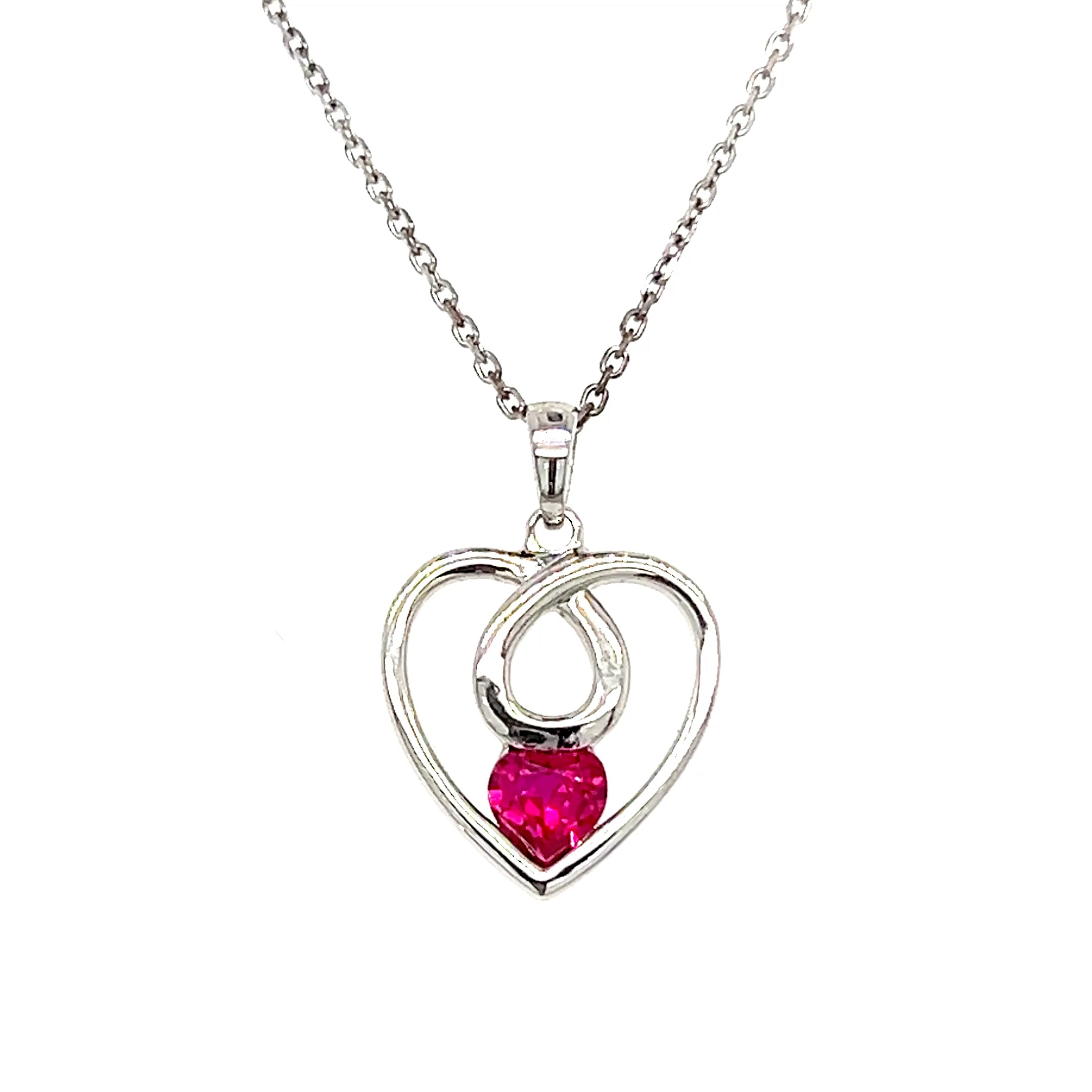 Sterling Silver Red Cubic Zirconia Loop Heart Pendant Necklace