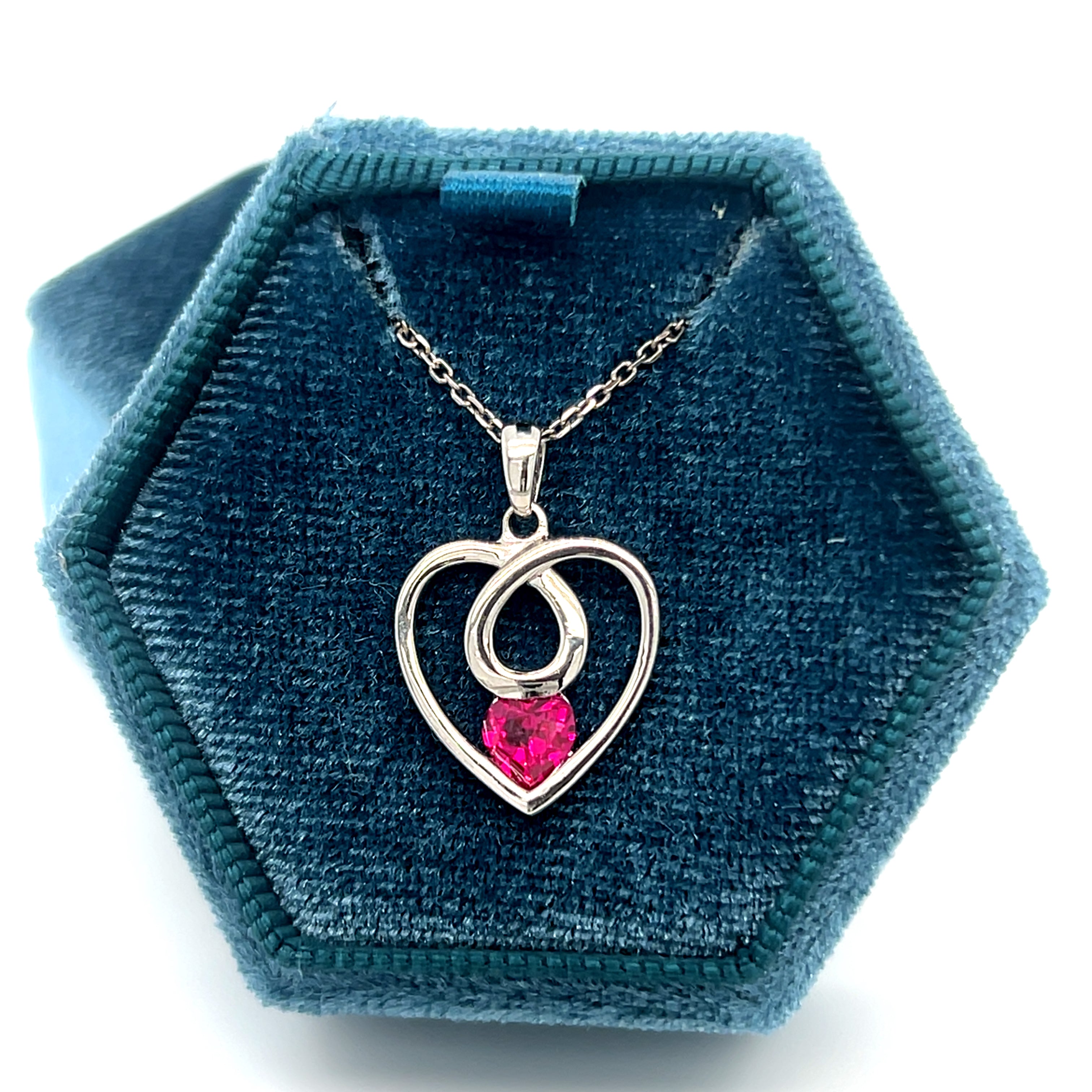 Sterling Silver Red Cubic Zirconia Loop Heart Pendant Necklace
