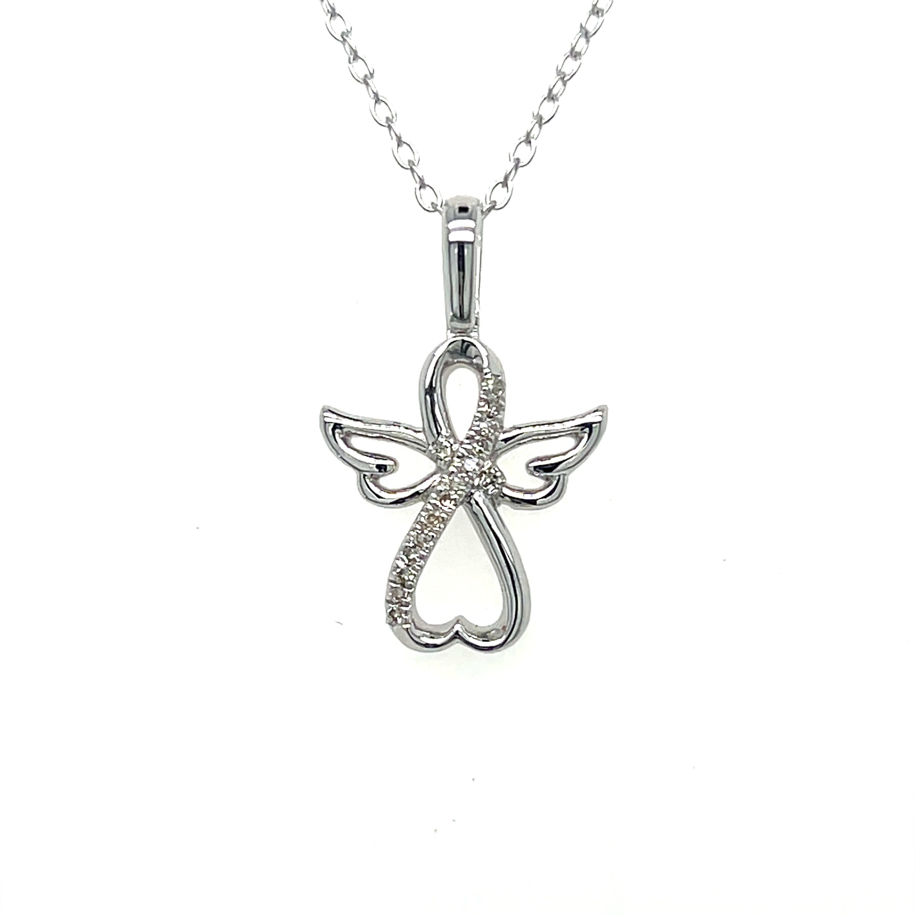 Sterling Silver Angel Necklace with 15 Diamonds.
