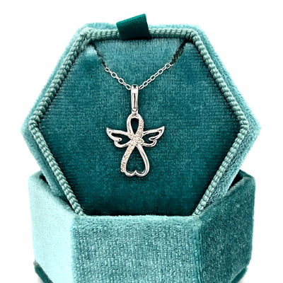 Sterling Silver Angel Necklace with 15 Diamonds.