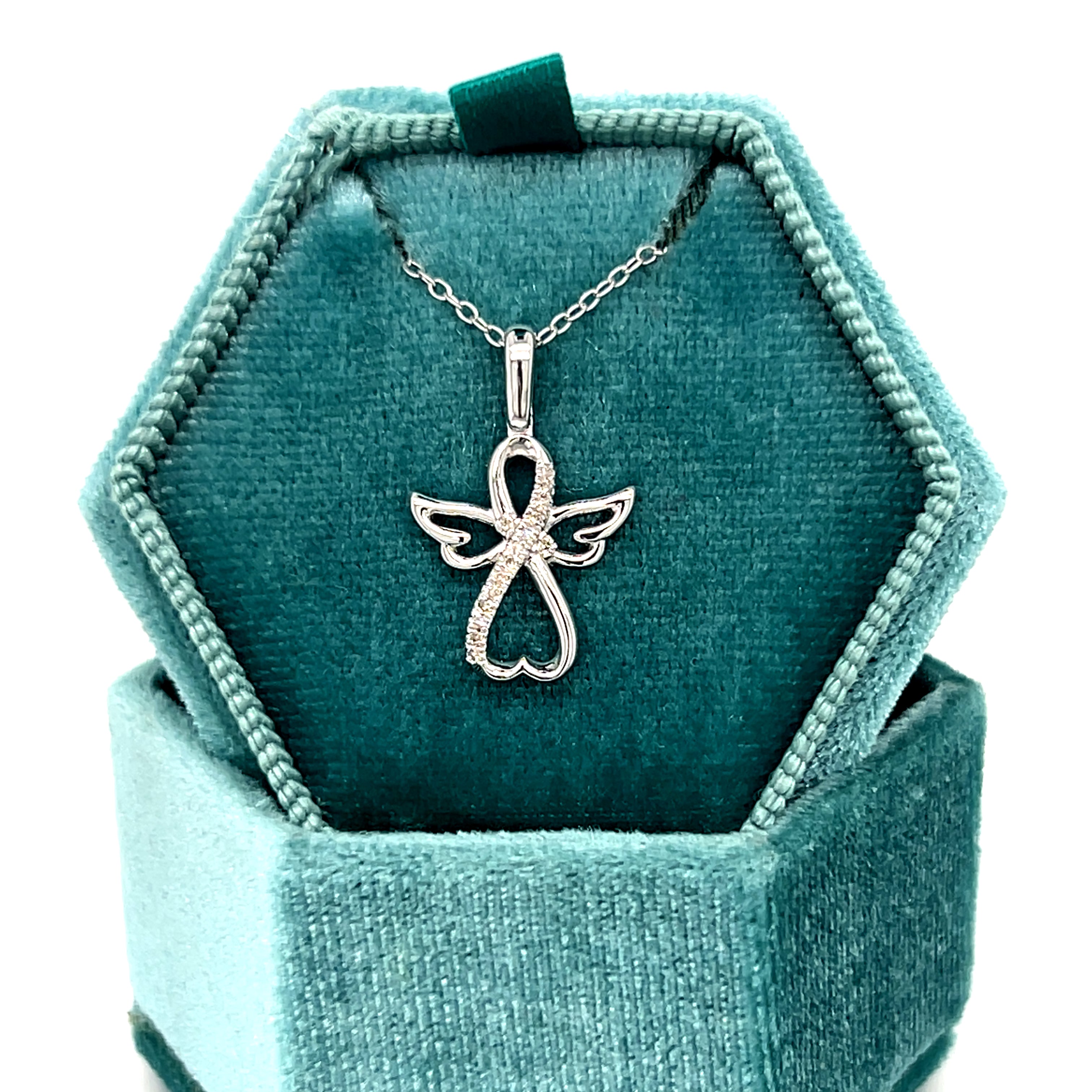 Sterling Silver Angel Necklace with 15 Diamonds.