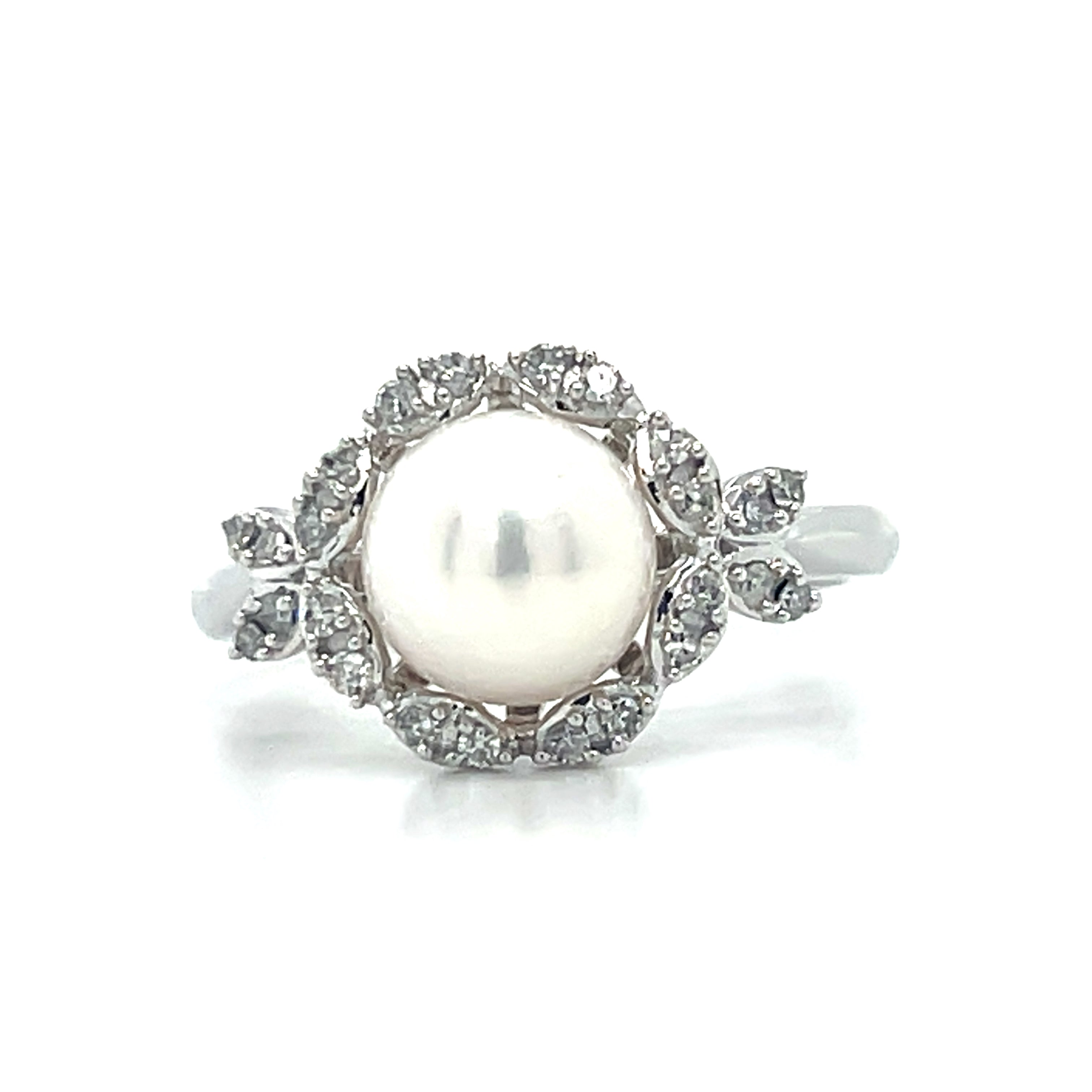 10K White Gold 8mm Freshwater Pearl and 0.15  Carat Total Weight Diamond Ring