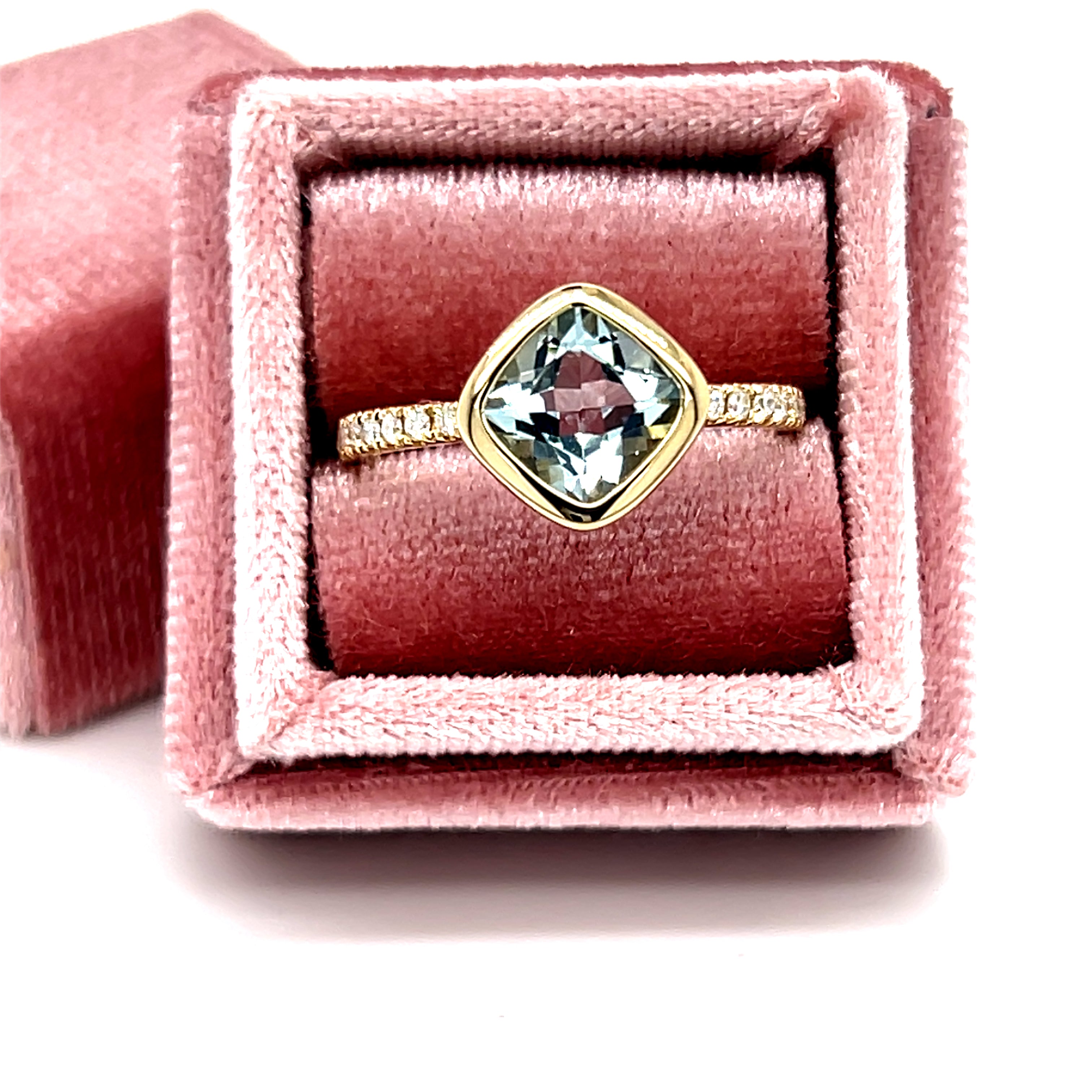 14K Yellow Gold 1.23CT Aquamarine and 0.13 Carat Total Weight Diamond Ring.