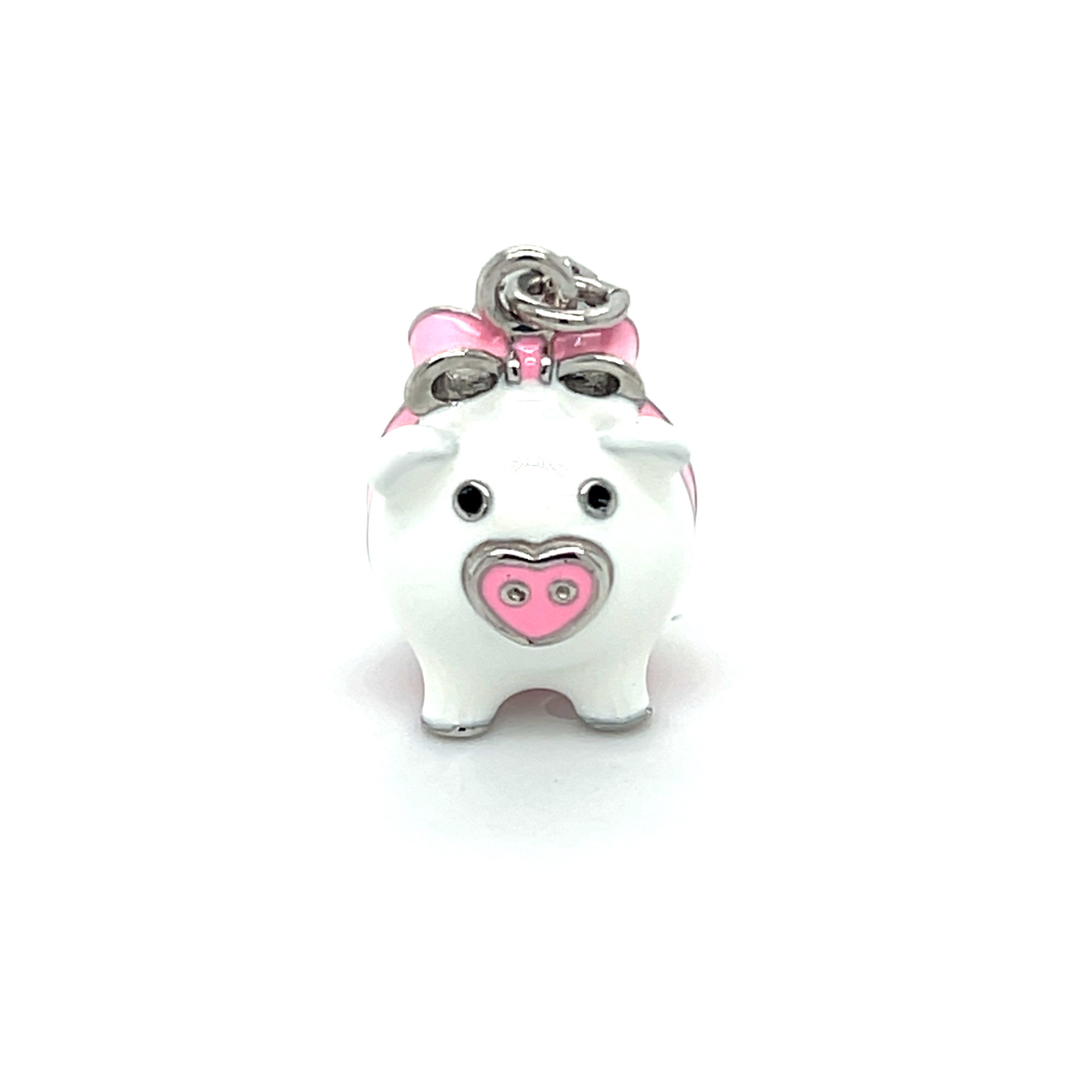 Sterling Silver 3D Enameled Pig Charm with Pink Bow