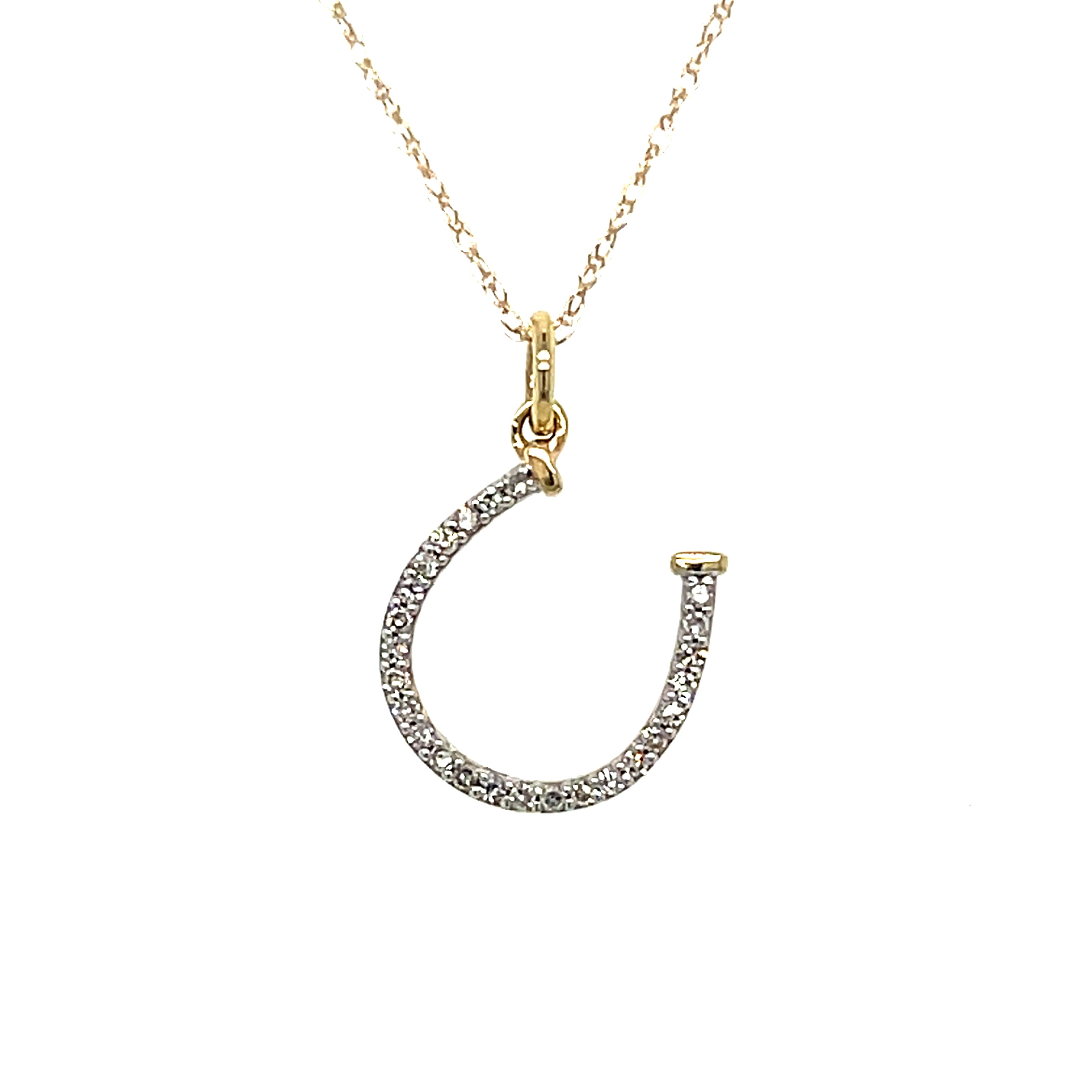 "Mystique" 10K Yellow Gold 1/10 Carat Total Weight Diamond ~10x10mm Horseshoe Pendant Necklace