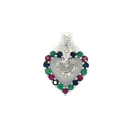 "BethAnn" 14K White Gold 0.76 Total Gem Weight [0.08CT (17) Diamond, 0.24CT (6) Emerald, 0.24CT (6) Sapphire, and 0.2CT (5) Ruby] Heart Pendant Charm Estate LWESR2125