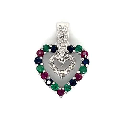 "BethAnn" 14K White Gold 0.76 Total Gem Weight [0.08CT (17) Diamond, 0.24CT (6) Emerald, 0.24CT (6) Sapphire, and 0.2CT (5) Ruby] Heart Pendant Charm Estate LWESR2125