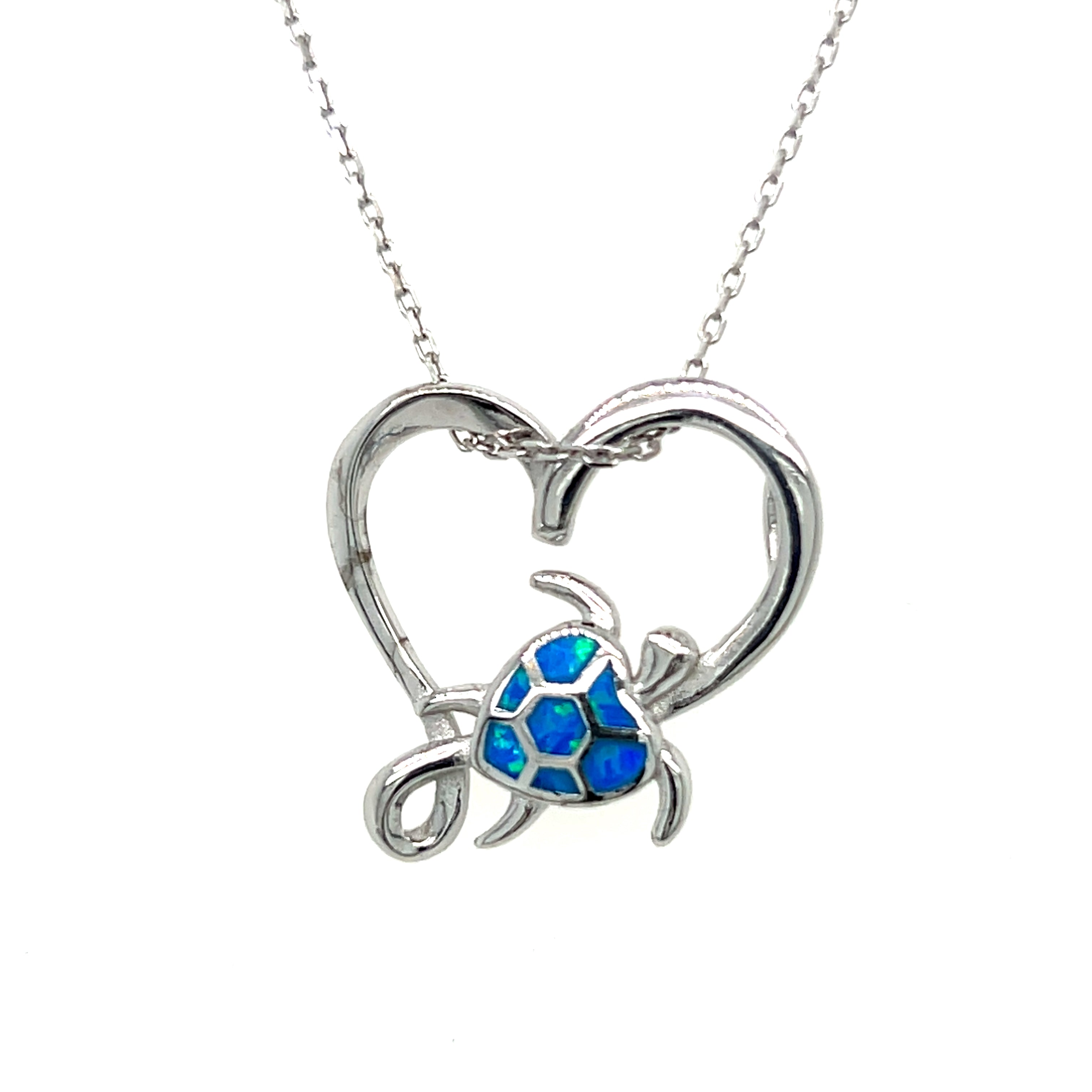 Sterling Silver Open Heart with Blue Opal Turtle Pendant Necklace 18"