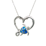Sterling Silver Open Heart with Blue Opal Turtle Pendant Necklace 18"
