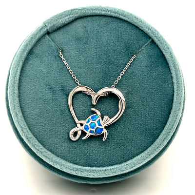 Sterling Silver Open Heart with Blue Opal Turtle Pendant Necklace 18"