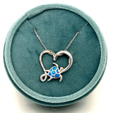 Sterling Silver Open Heart with Blue Opal Turtle Pendant Necklace 18"