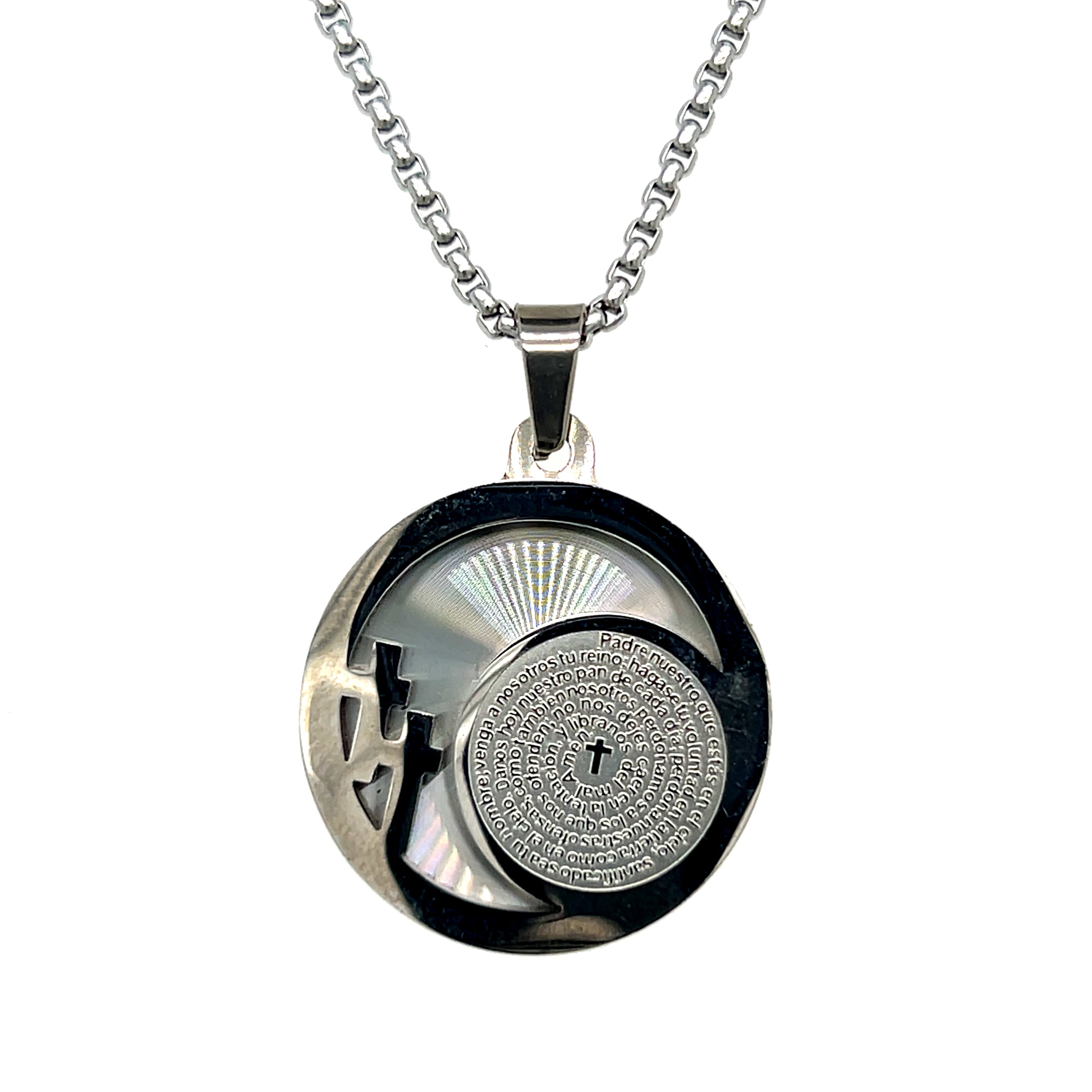 Stainless Steel Spanish Lord's Prayer Pendant with 24" Chain