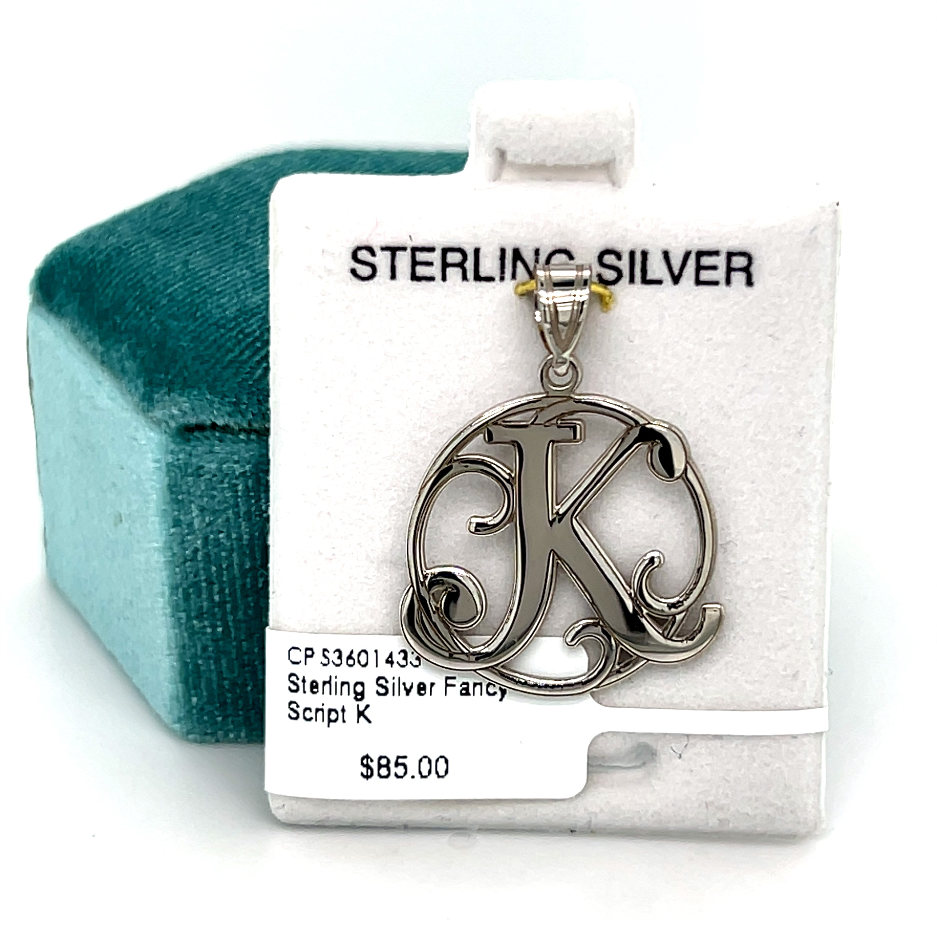 Sterling Silver Fancy Script “K” Charm in a Circle