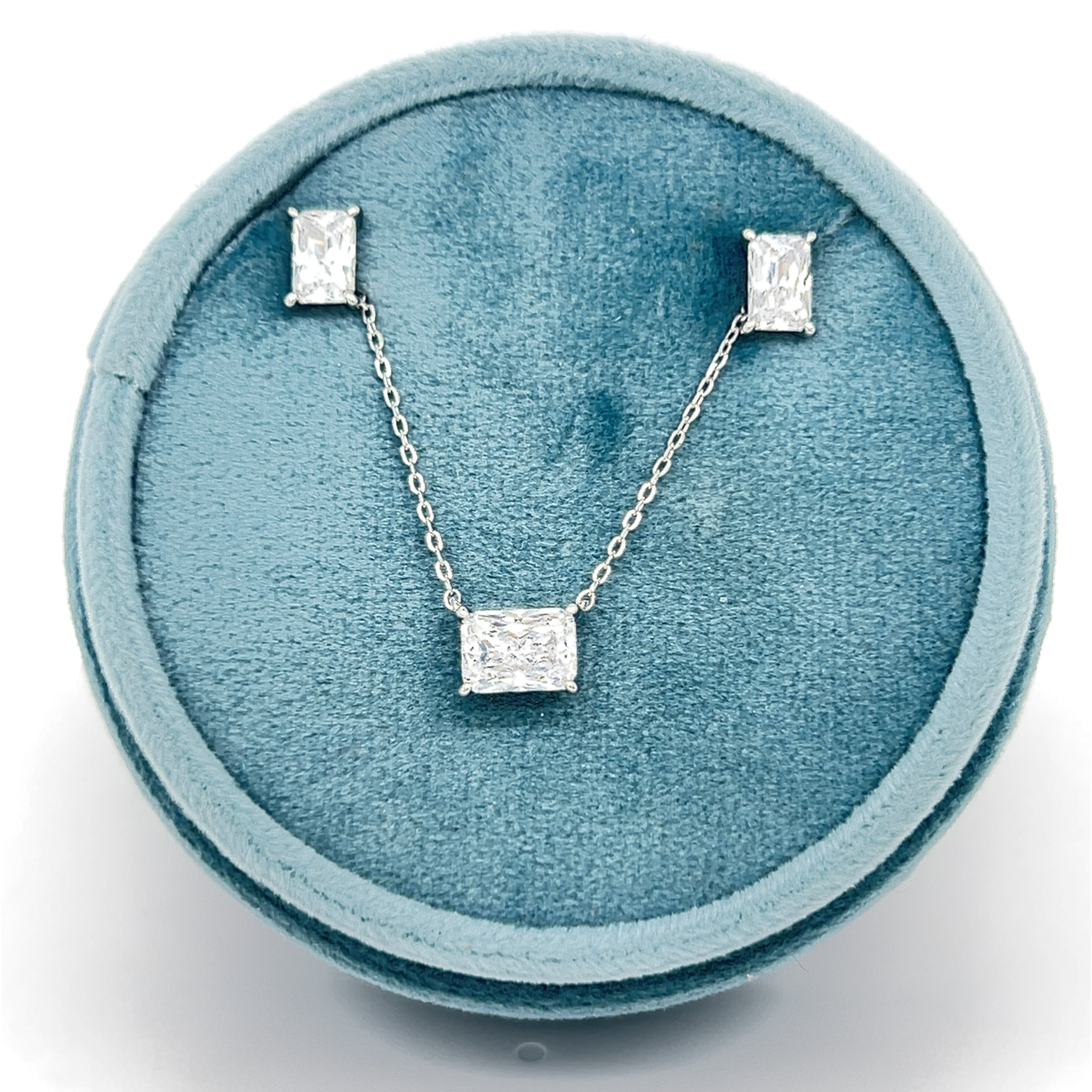 Sterling Silver Solitaire 5x7mm Rectangle Cubic Zirconia Necklace and Earrings Set 16+2"