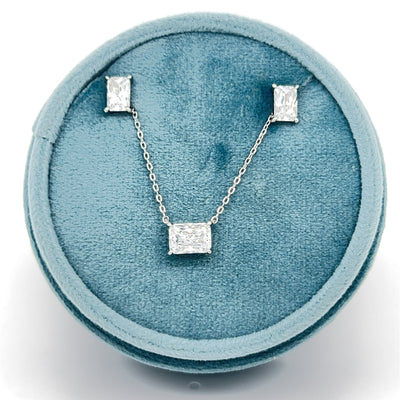 Sterling Silver Solitaire 5x7mm Rectangle Cubic Zirconia Necklace and Earrings Set 16+2"