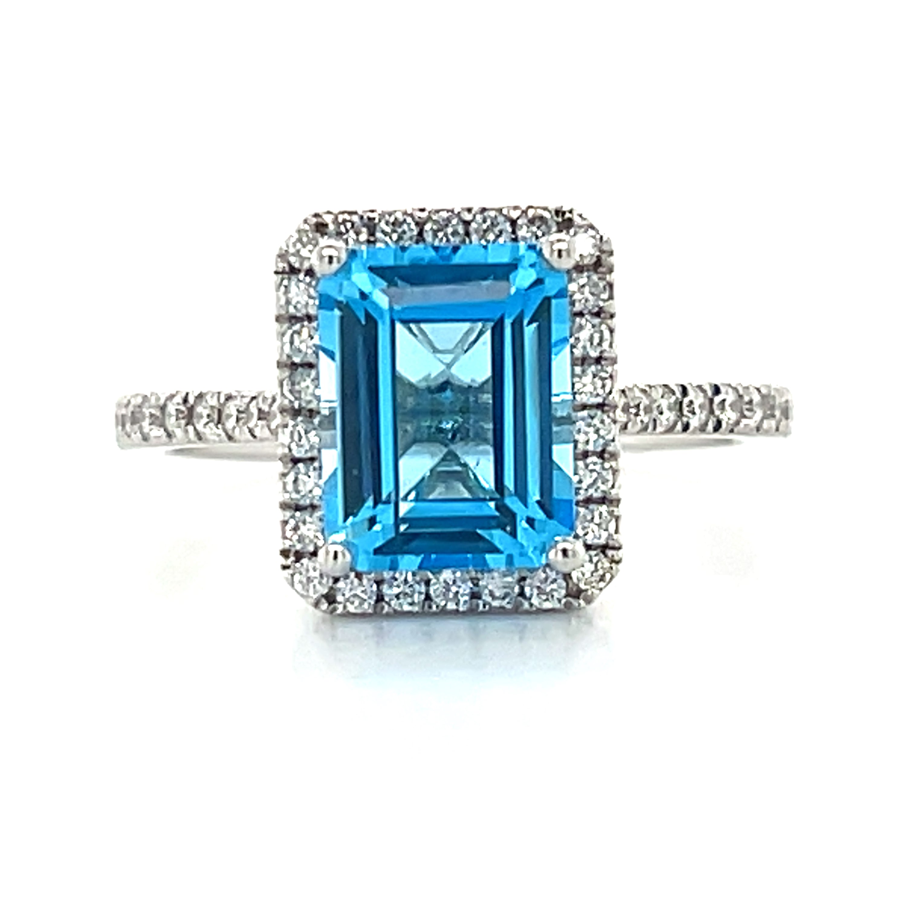14K White Gold 7X9mm 2.73CT Emerald Cut Blue Topaz and 0.307 Carat Total Weight (42) Diamond Ring