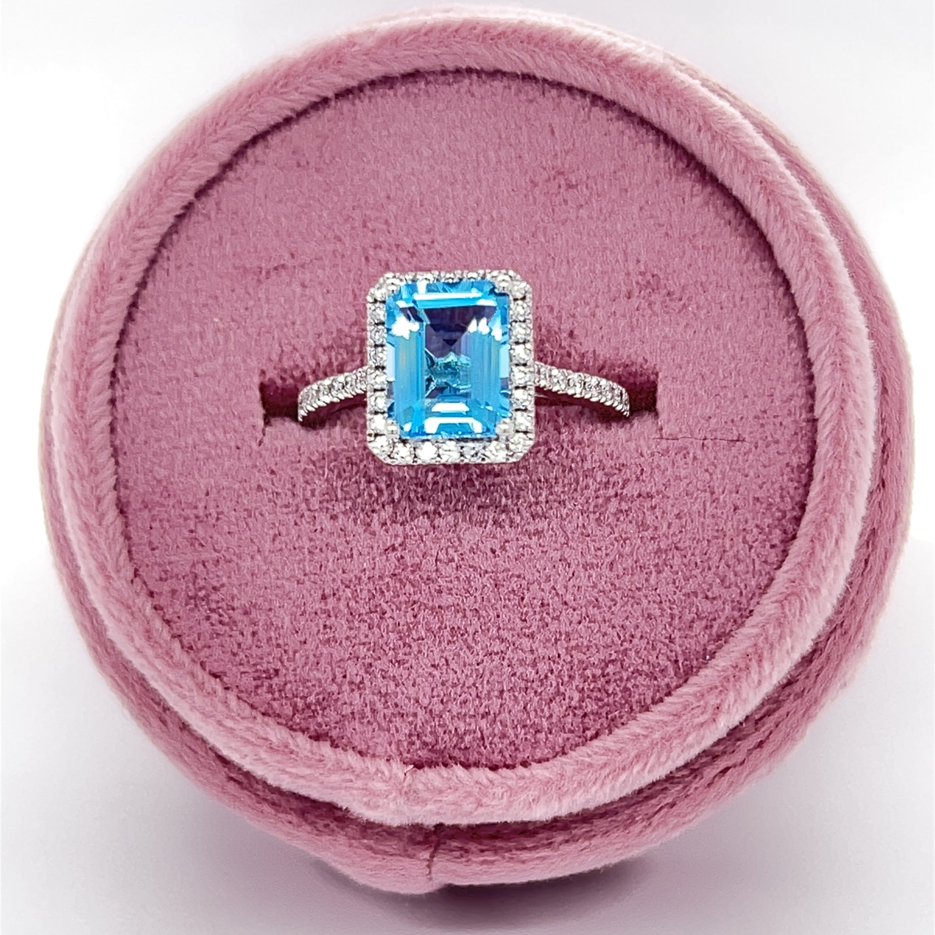 14K White Gold 7X9mm 2.73CT Emerald Cut Blue Topaz and 0.307 Carat Total Weight (42) Diamond Ring