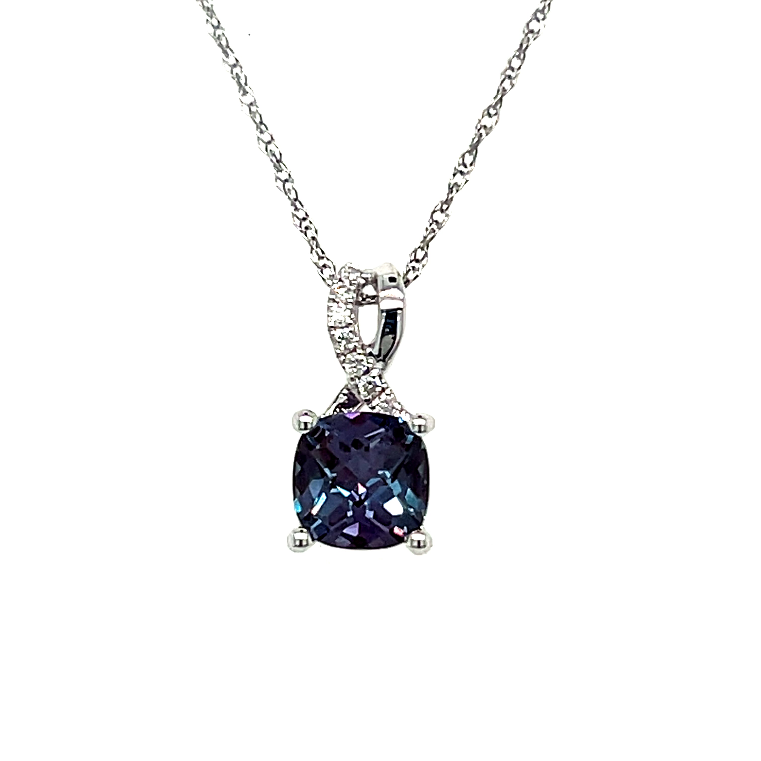 14K White Gold 6X6mm 1.05CT Lab Alexandrite and 0.04 Carat Total Weight (7) Diamond Pendant