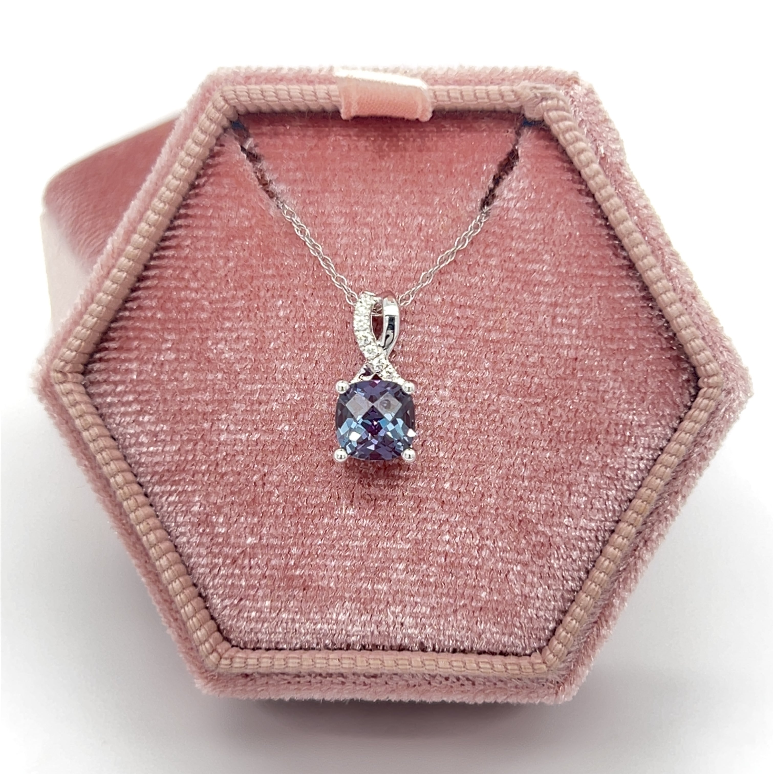 14K White Gold 6X6mm 1.05CT Lab Alexandrite and 0.04 Carat Total Weight (7) Diamond Pendant