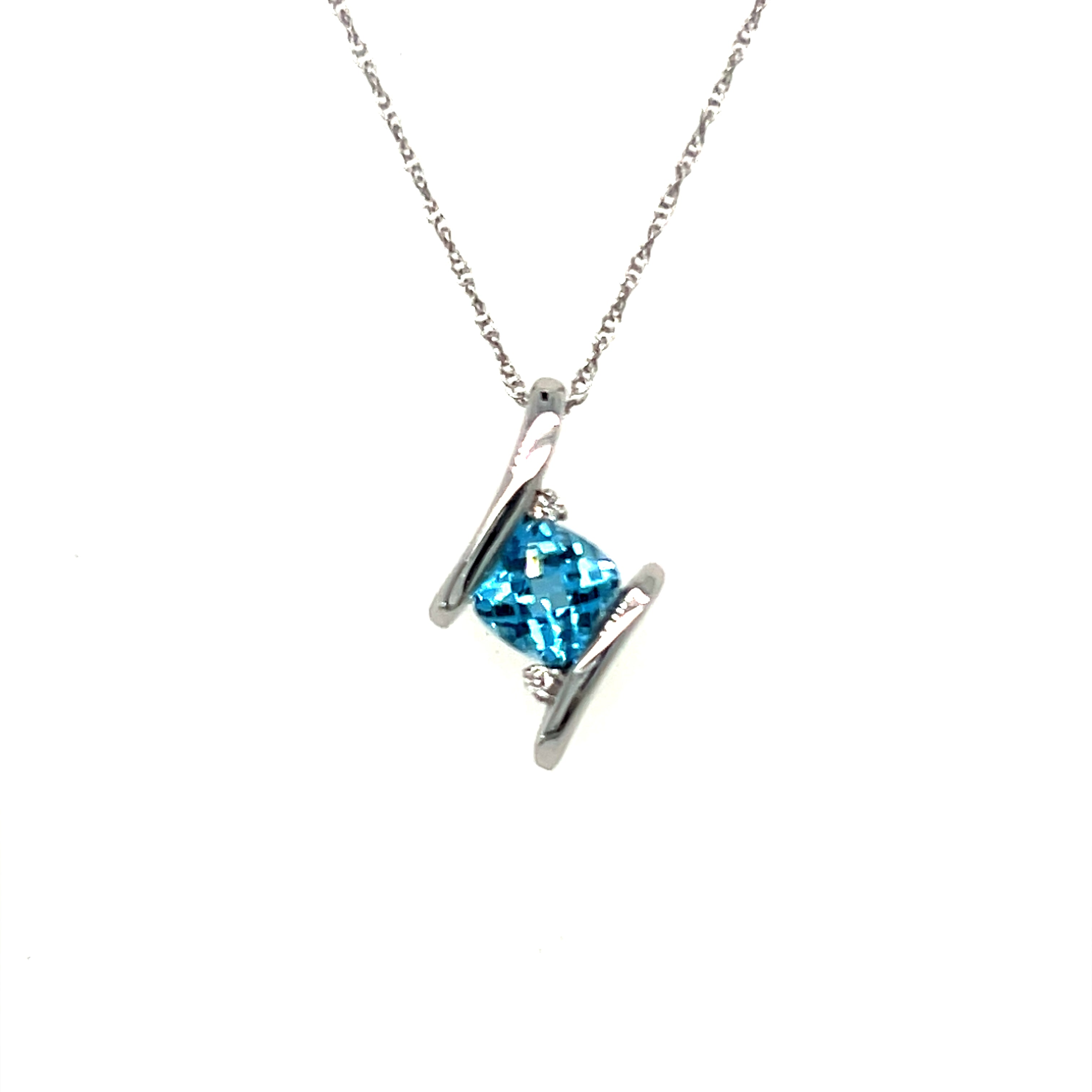 14K White Gold 5X5mm 0.61CT Round Blue Topaz & 0.012 Carat Total Weight (2) Diamond Pendant