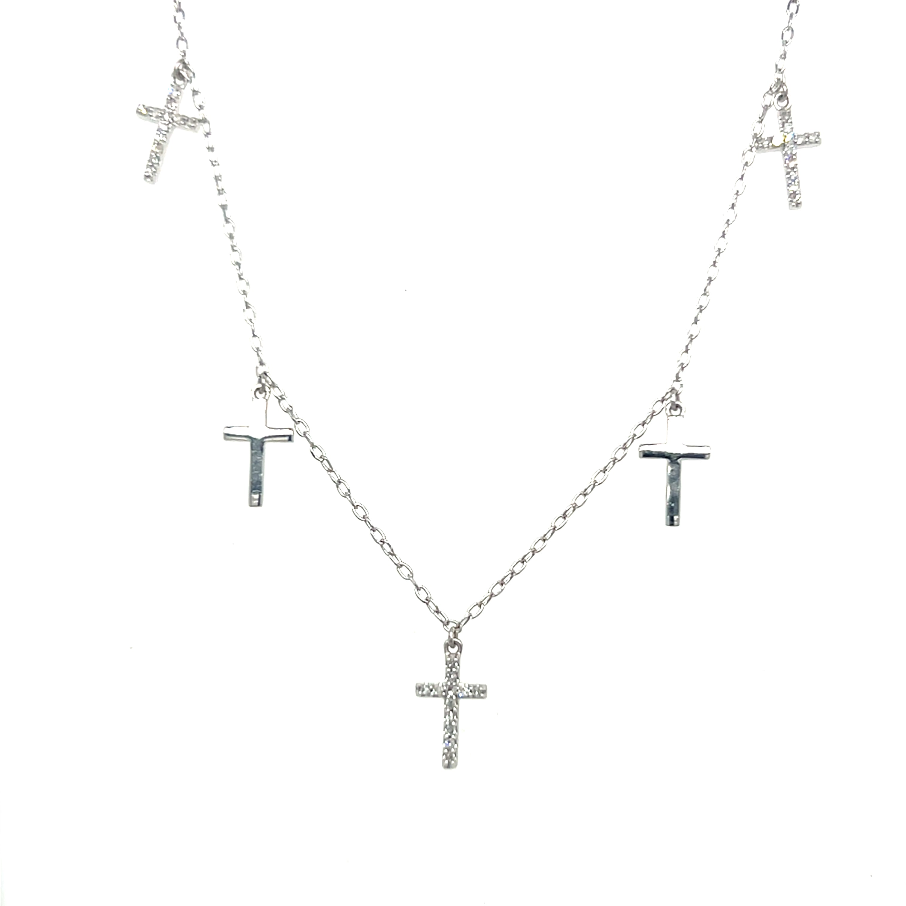 Sterling Silver Diamond 5-Cross Necklace – 0.10 Carat Total Weight, 18" Chain