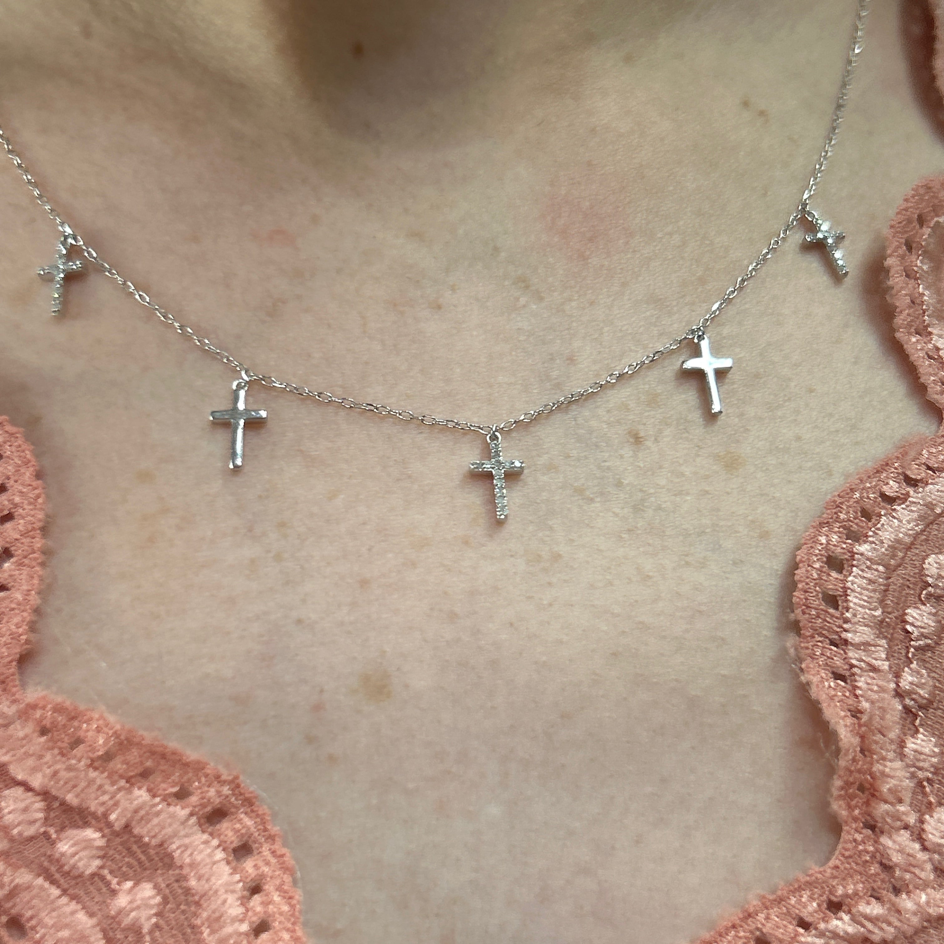 Sterling Silver Diamond 5-Cross Necklace – 0.10 Carat Total Weight, 18" Chain