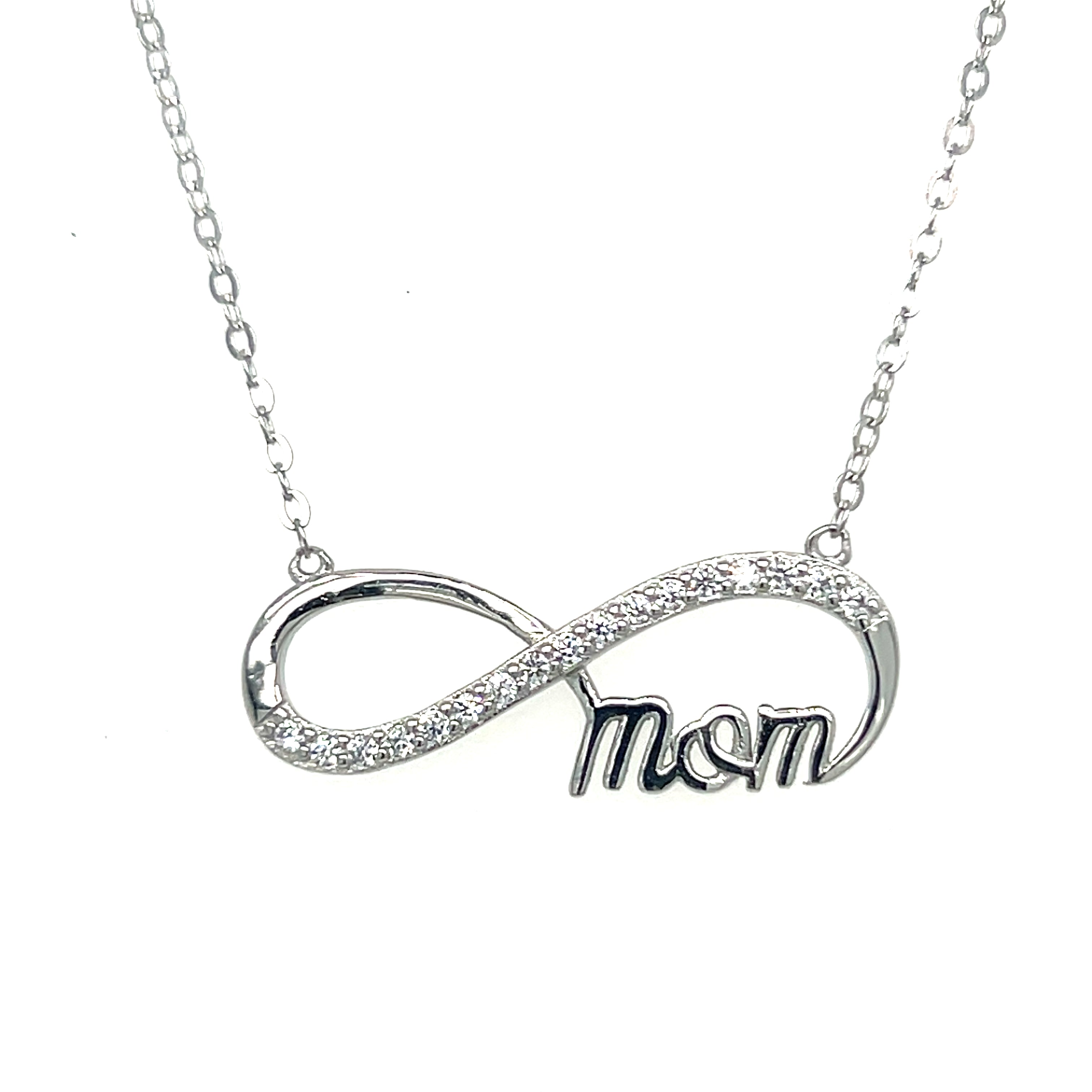 Sterling Silver Cubic Zirconia Mom Infinity Pendant – 18" Chain.