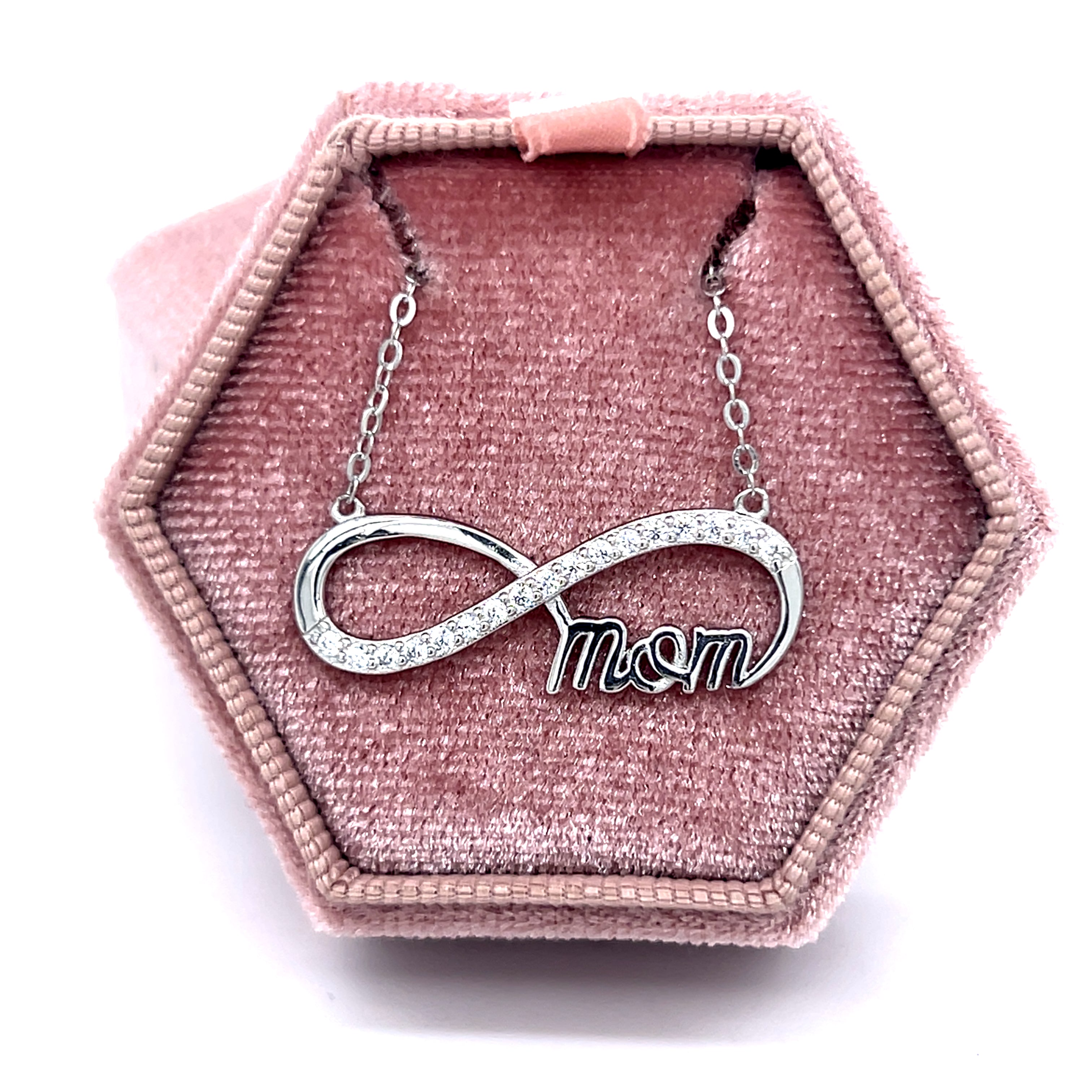 Sterling Silver Cubic Zirconia Mom Infinity Pendant – 18" Chain.