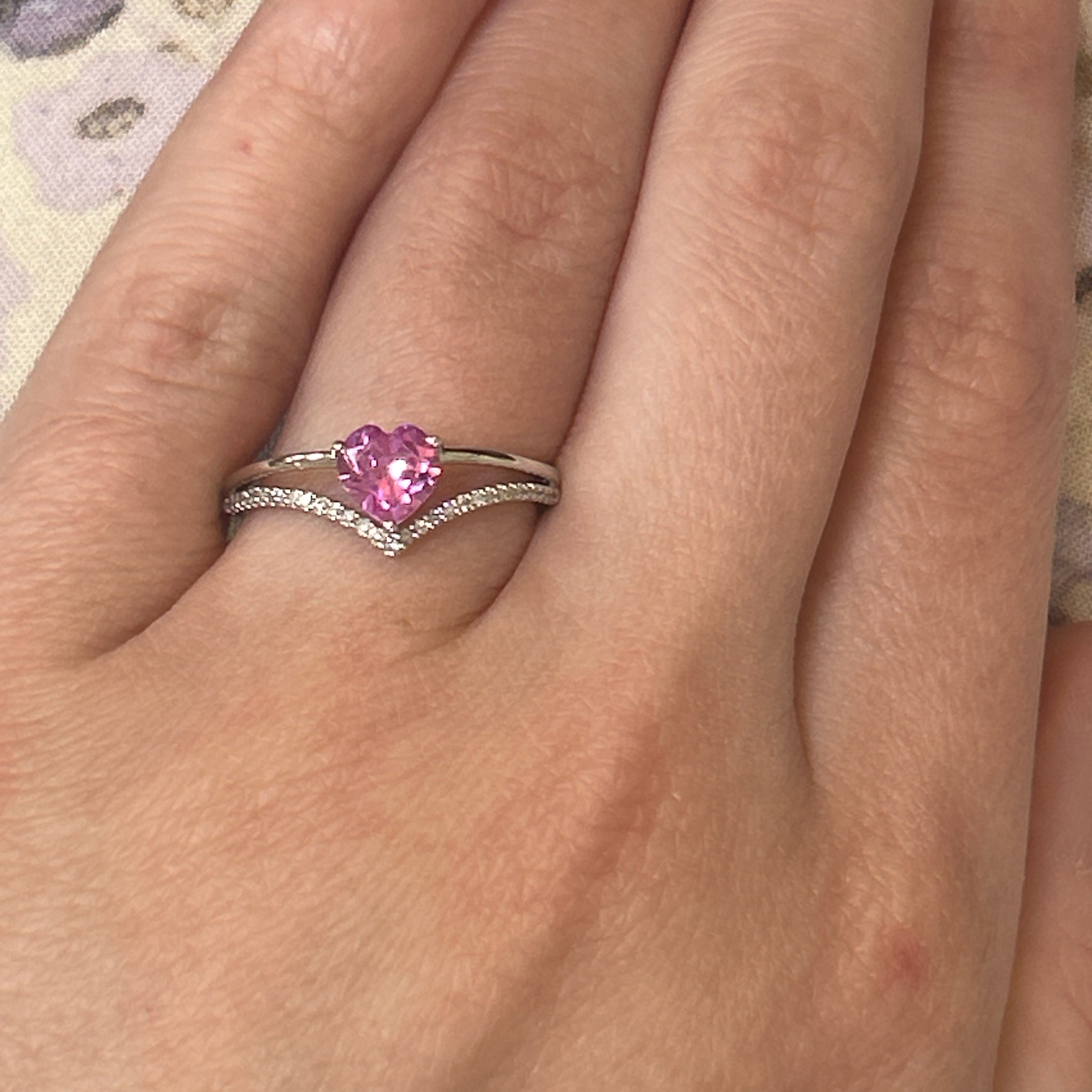 Sterling Silver Diamond and Pink Topaz Heart Ring