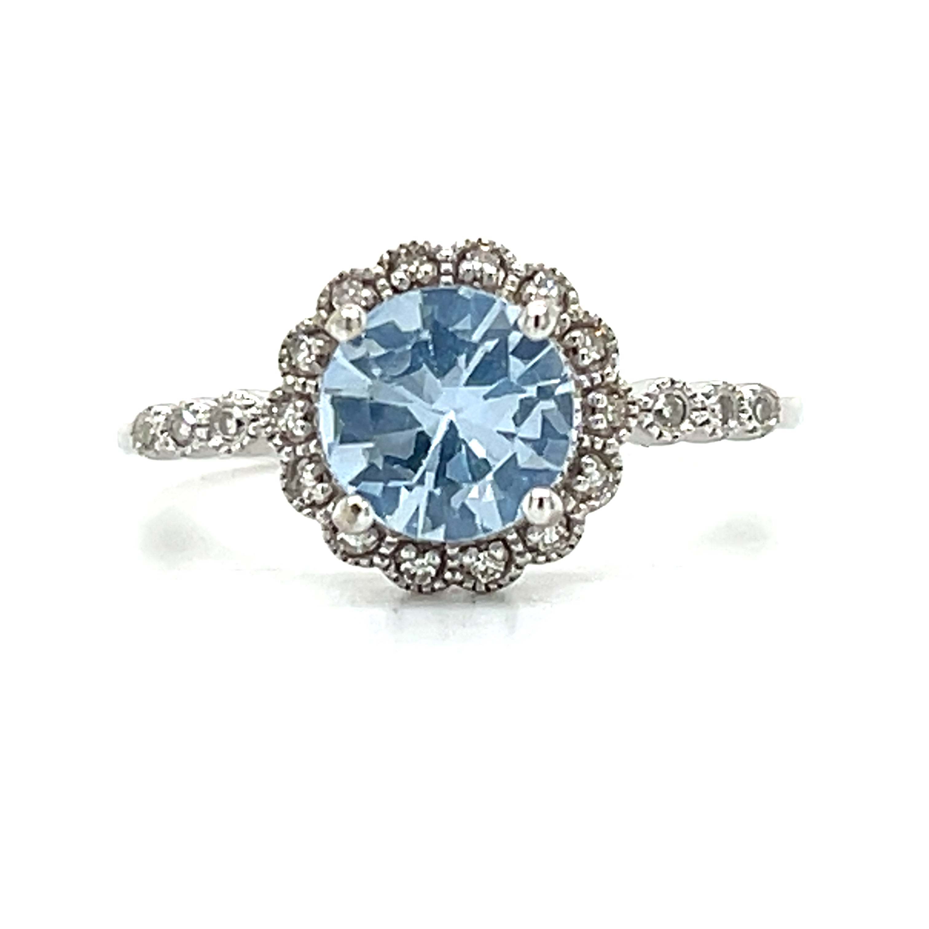 10K White Gold Created Blue Spinel and .09 Carat Total Weight Diamond Vintage Milgrain Setting Ring- WJS Collection