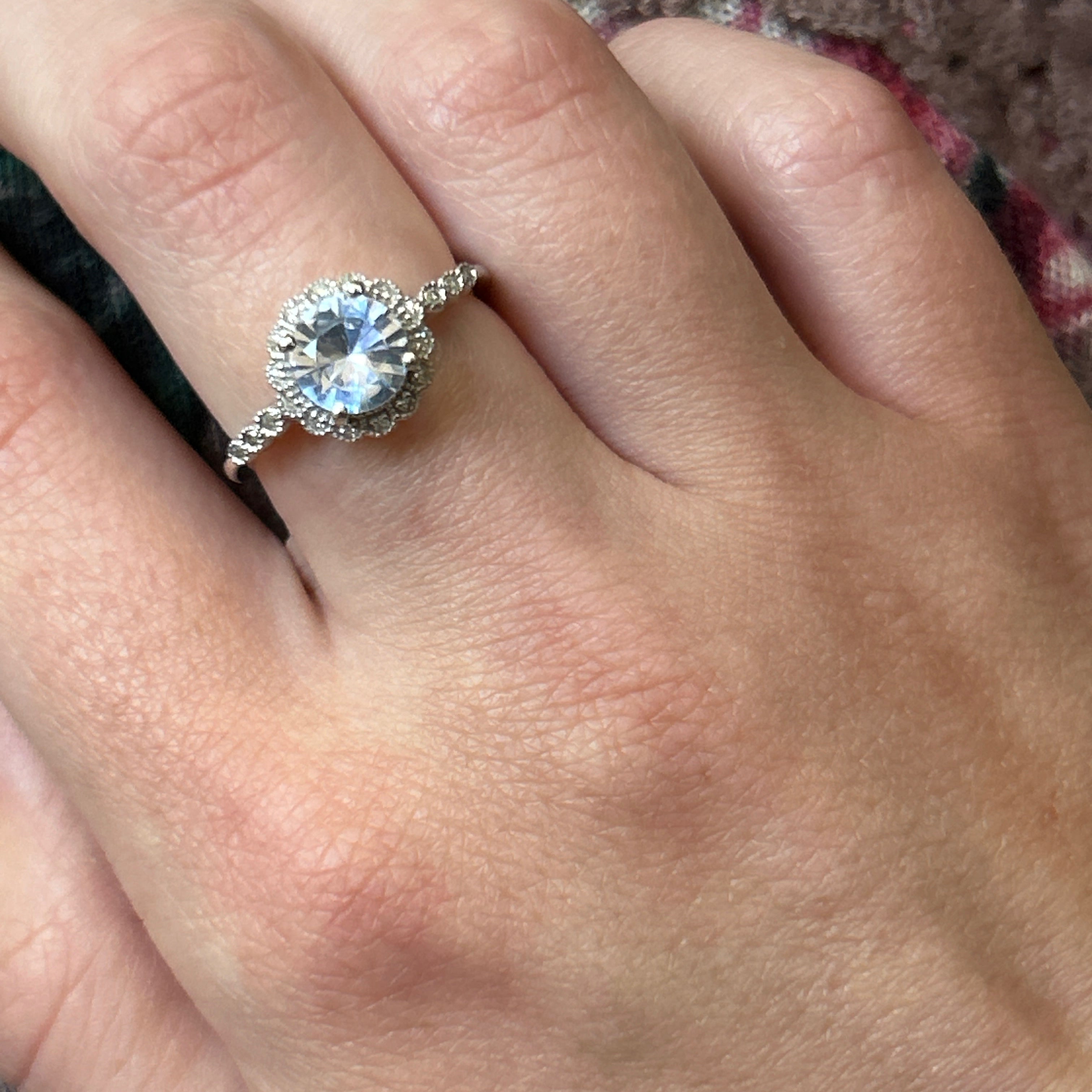 10K White Gold Created Blue Spinel and .09 Carat Total Weight Diamond Vintage Milgrain Setting Ring- WJS Collection