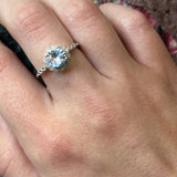 10K White Gold Created Blue Spinel and .09 Carat Total Weight Diamond Vintage Milgrain Setting Ring- WJS Collection