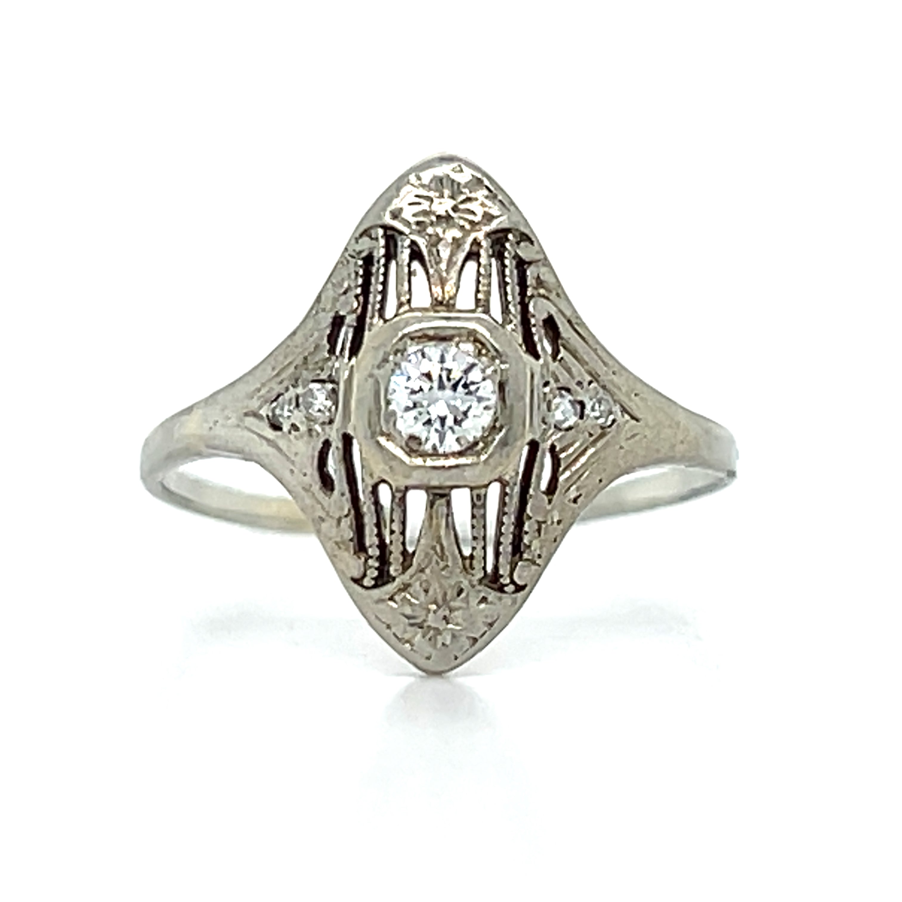 18K White Gold Petite Deco Navette Diamond Ring  Estate