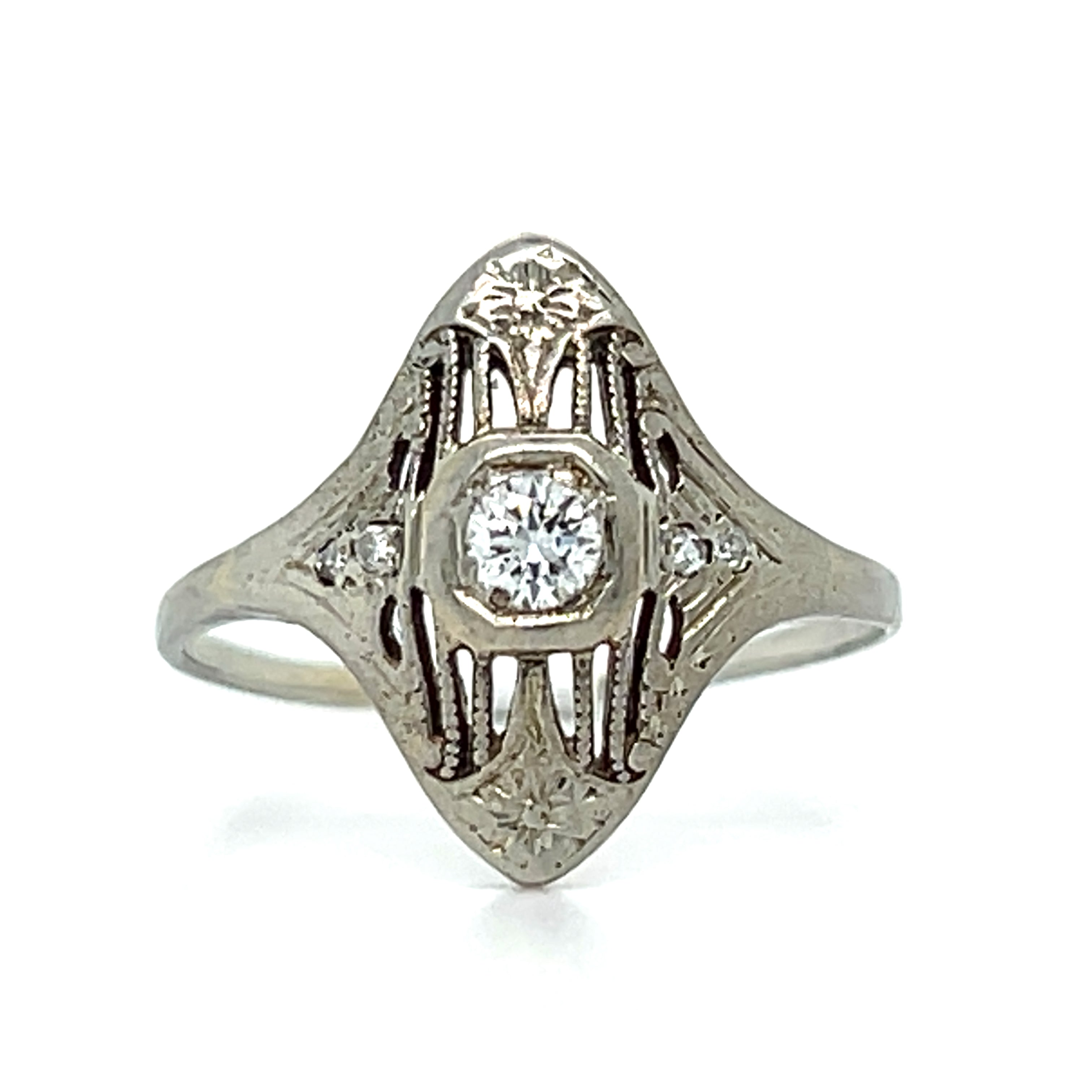 18K White Gold Petite Deco Navette Diamond Ring  Estate