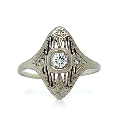 18K White Gold Petite Deco Navette Diamond Ring  Estate