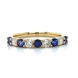 14K Yellow Gold 0.49 Total Gem Weight (5) Round Tanzanite and 0.34 Carat Total Weight (4) Round Diamond Wedding Anniversary Stackable Fashion Ring