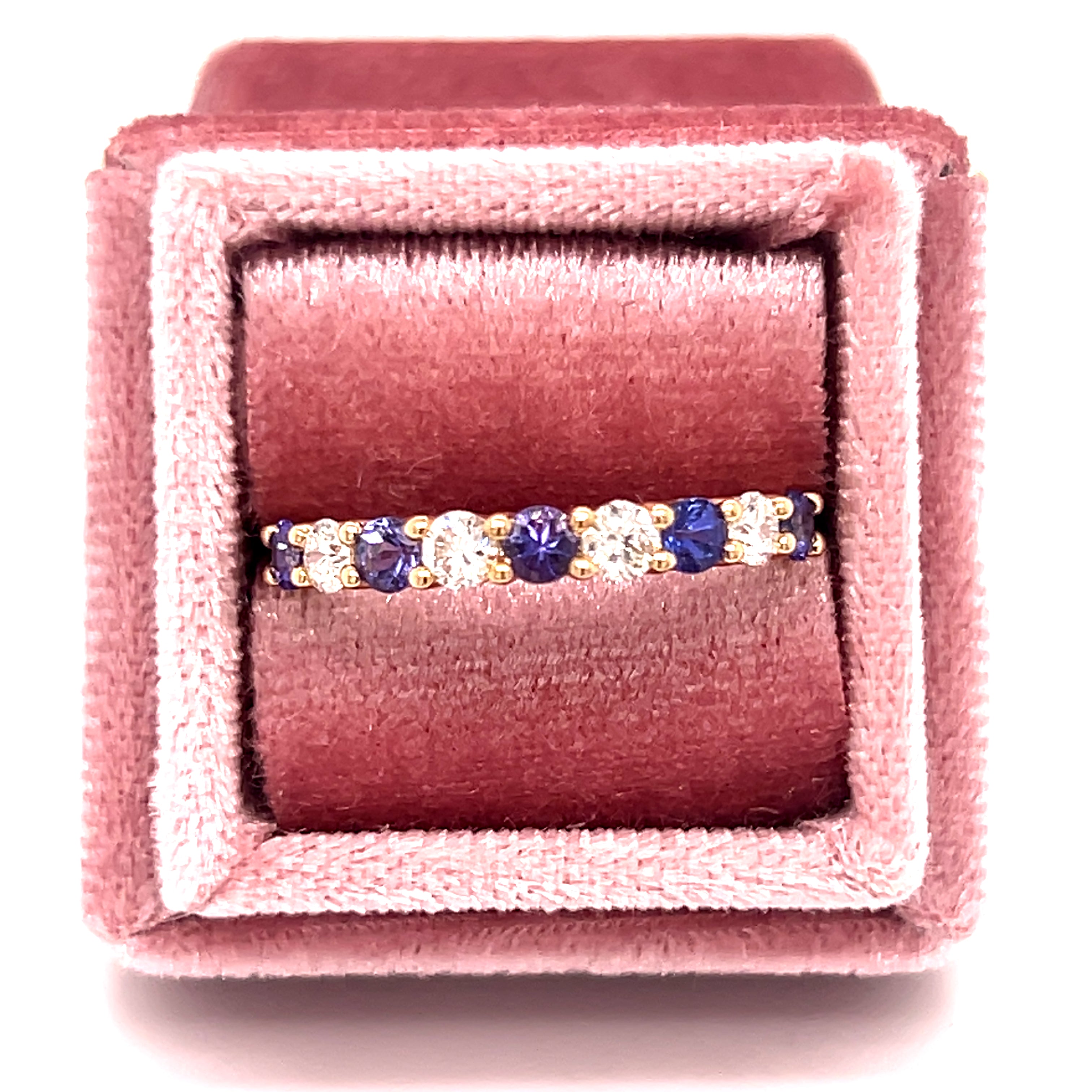 14K Yellow Gold 0.49 Total Gem Weight (5) Round Tanzanite and 0.34 Carat Total Weight (4) Round Diamond Wedding Anniversary Stackable Fashion Ring