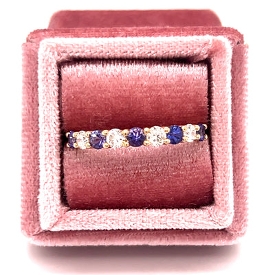 14K Yellow Gold 0.49 Total Gem Weight (5) Round Tanzanite and 0.34 Carat Total Weight (4) Round Diamond Wedding Anniversary Stackable Fashion Ring
