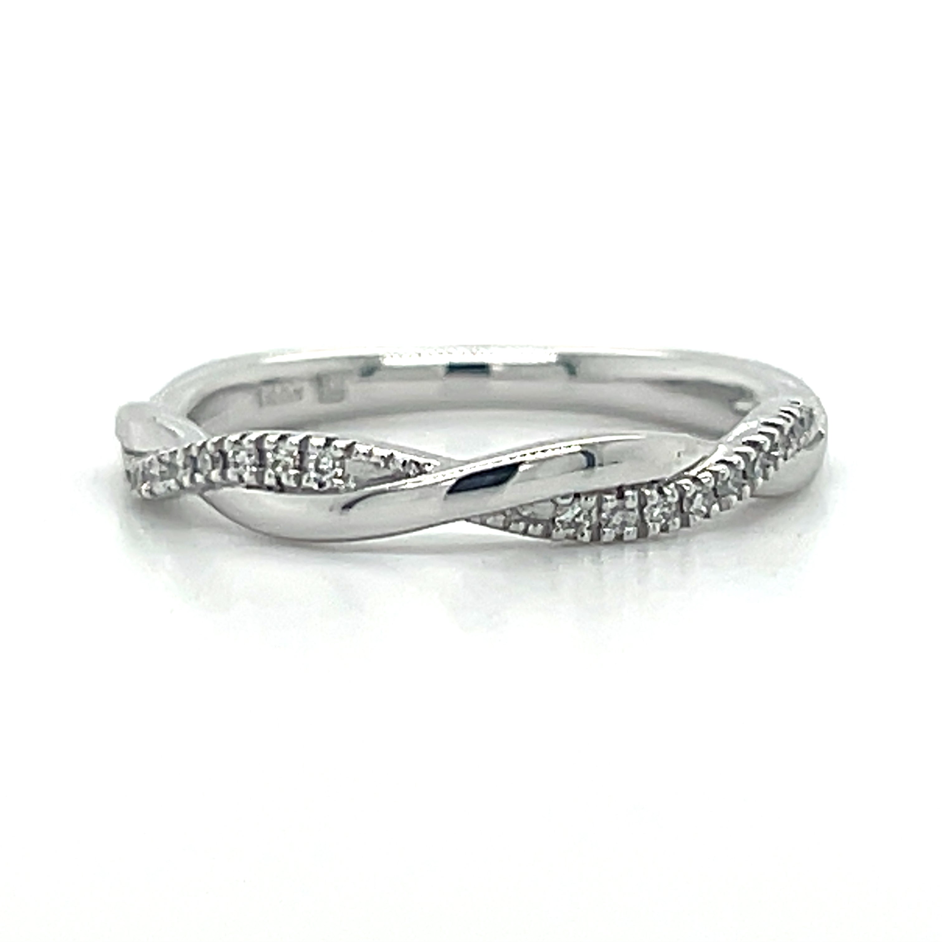 14K White Gold 0.10 Carat Total Weight (20) Round Diamond Twisted Wedding Anniversary Stackable Band Ring.