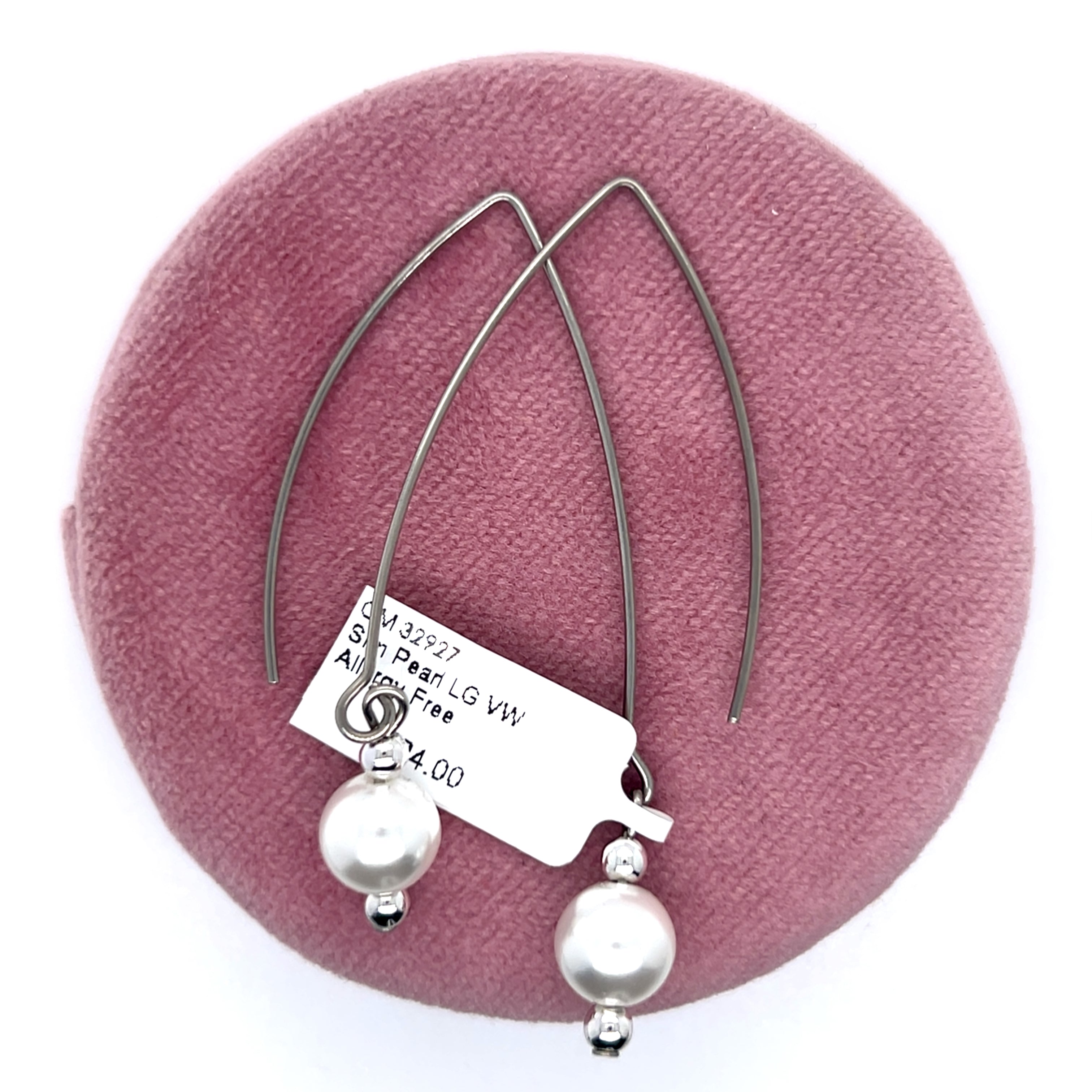 Simulated Pearl Large V Wire Allergy Free Earrings