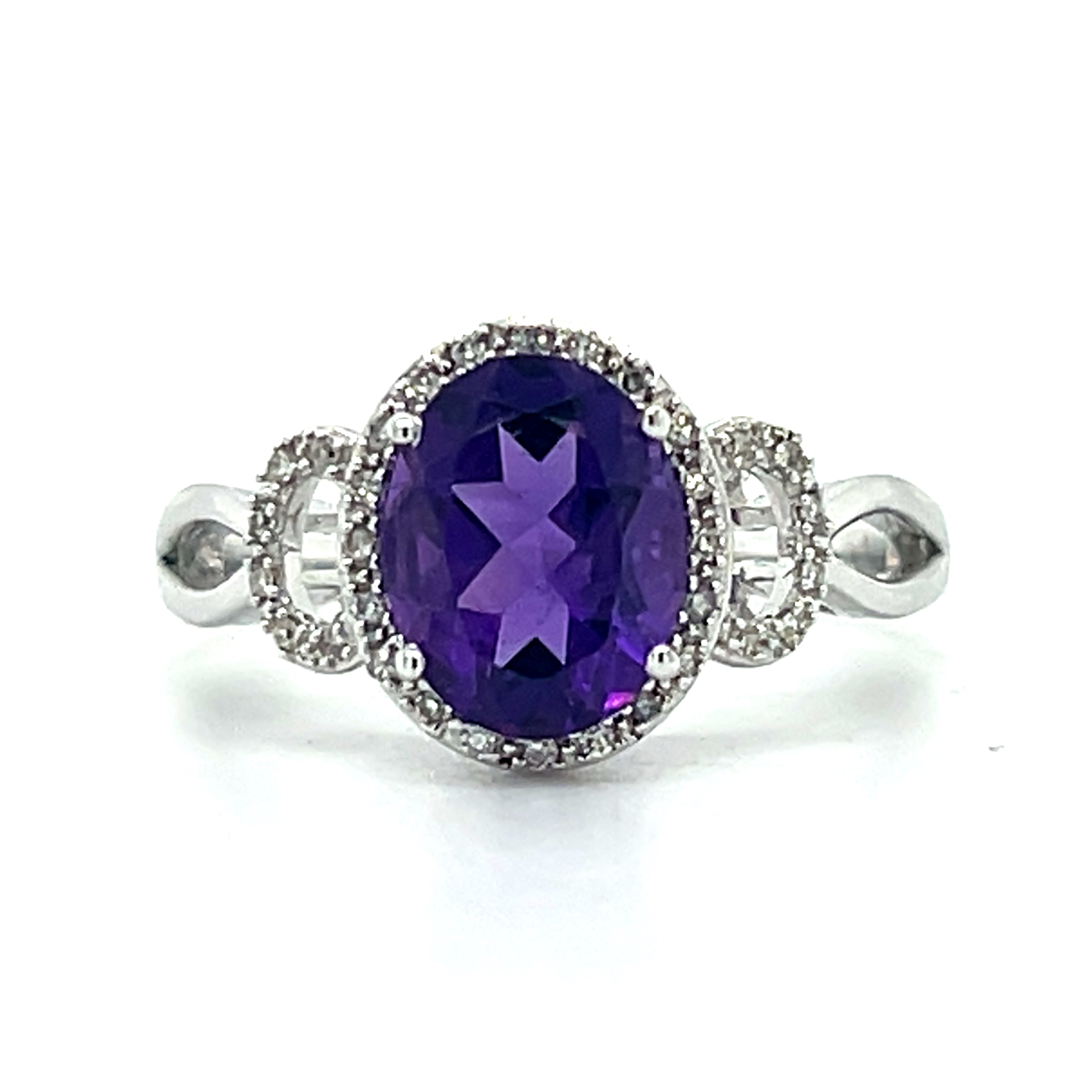 10K White Gold 9x7mm Oval Amethyst and 32 Diamond Ring