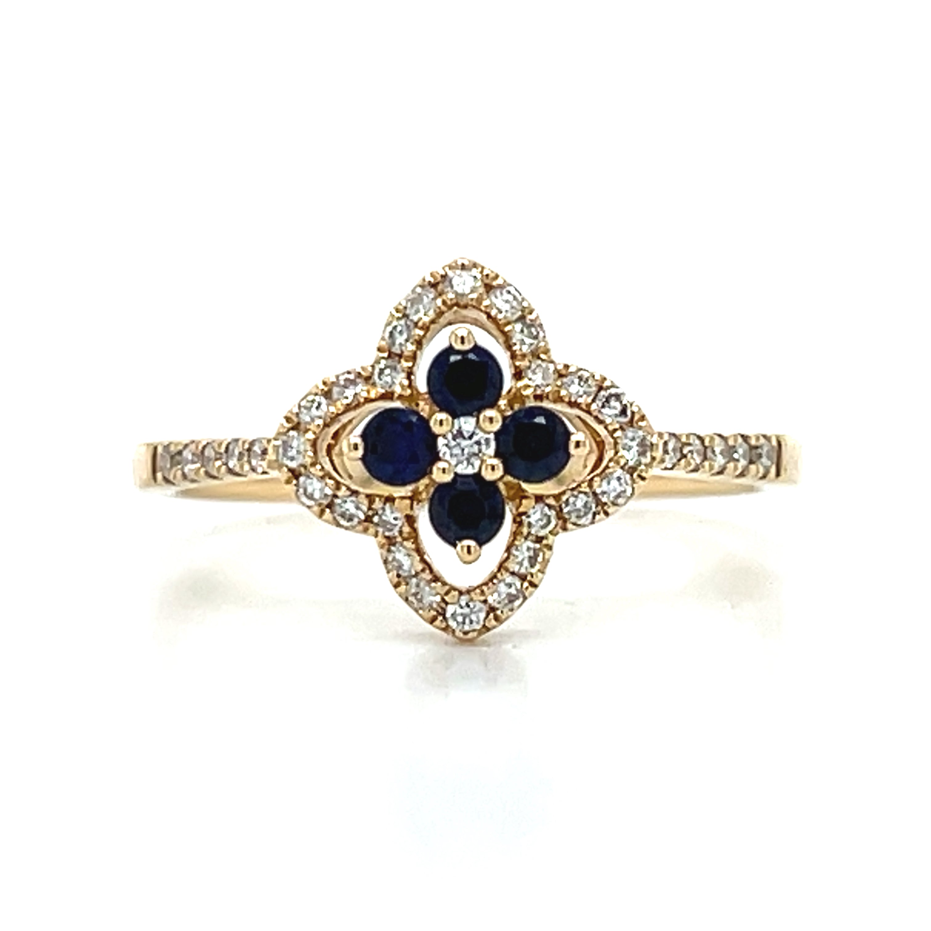 14K Yellow Gold  0.20 Total Gem Weight (4) Round Sapphire and 1.18 Carat Total Weight (35) Round Diamond Van Cleef Inspired Ring