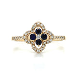 14K Yellow Gold  0.20 Total Gem Weight (4) Round Sapphire and 1.18 Carat Total Weight (35) Round Diamond Van Cleef Inspired Ring
