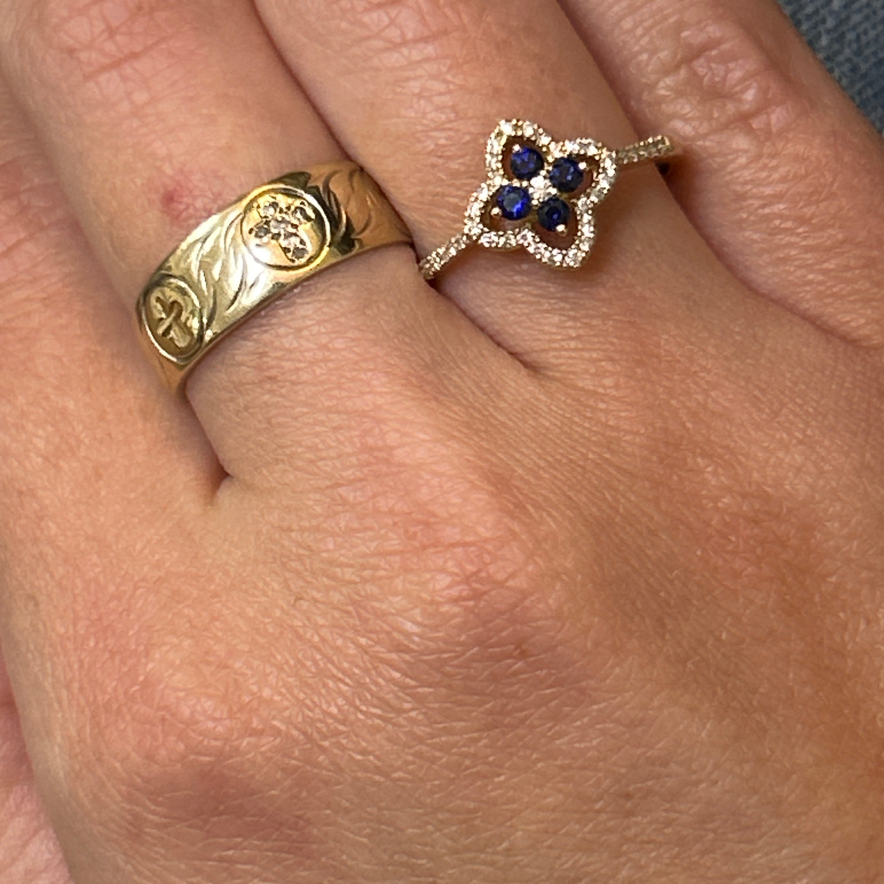 14K Yellow Gold  0.20 Total Gem Weight (4) Round Sapphire and 1.18 Carat Total Weight (35) Round Diamond Van Cleef Inspired Ring