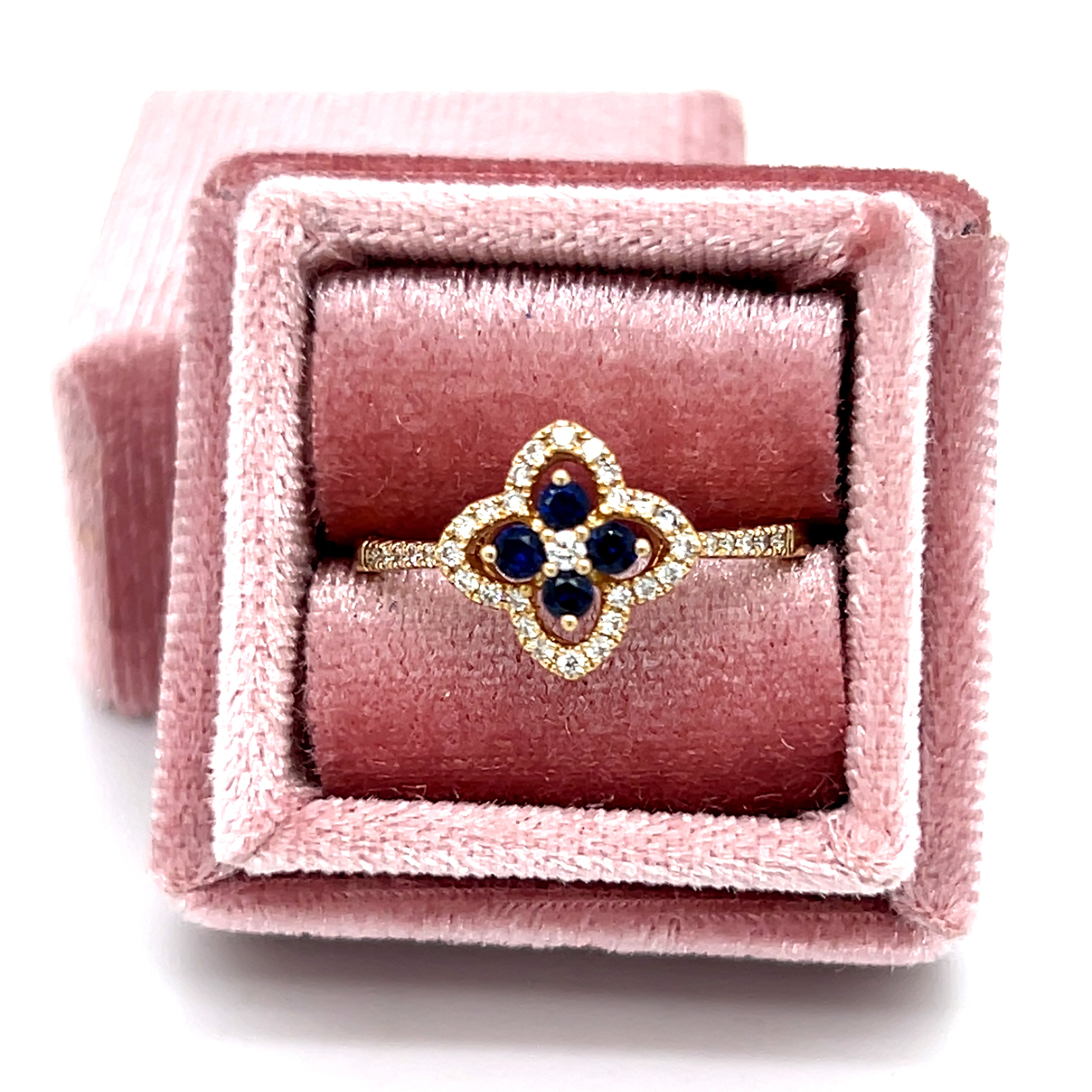 14K Yellow Gold  0.20 Total Gem Weight (4) Round Sapphire and 1.18 Carat Total Weight (35) Round Diamond Van Cleef Inspired Ring