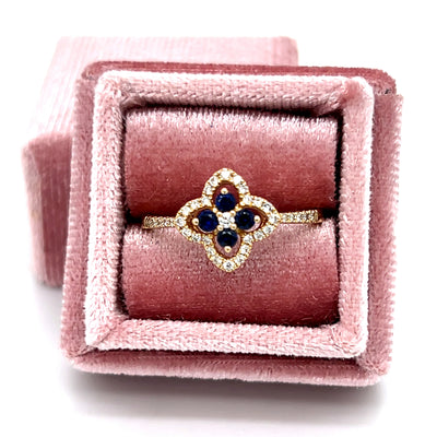 14K Yellow Gold  0.20 Total Gem Weight (4) Round Sapphire and 1.18 Carat Total Weight (35) Round Diamond Van Cleef Inspired Ring