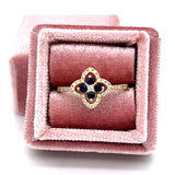 14K Yellow Gold  0.20 Total Gem Weight (4) Round Sapphire and 1.18 Carat Total Weight (35) Round Diamond Van Cleef Inspired Ring